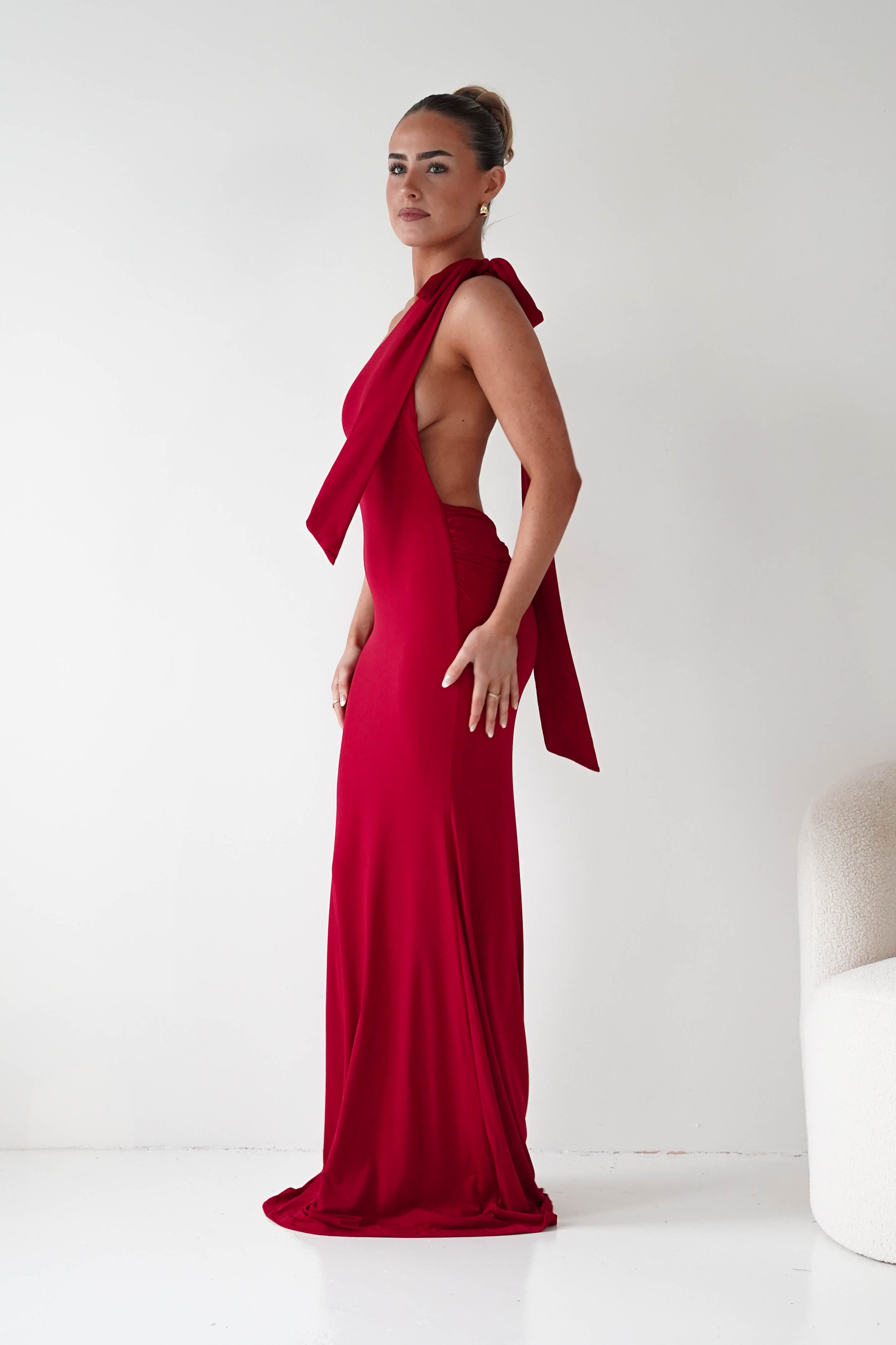 Oh Hello Clothing Wedding Guest Dresses Seraphine Backless Tie Bodycon Maxi Gown | Red