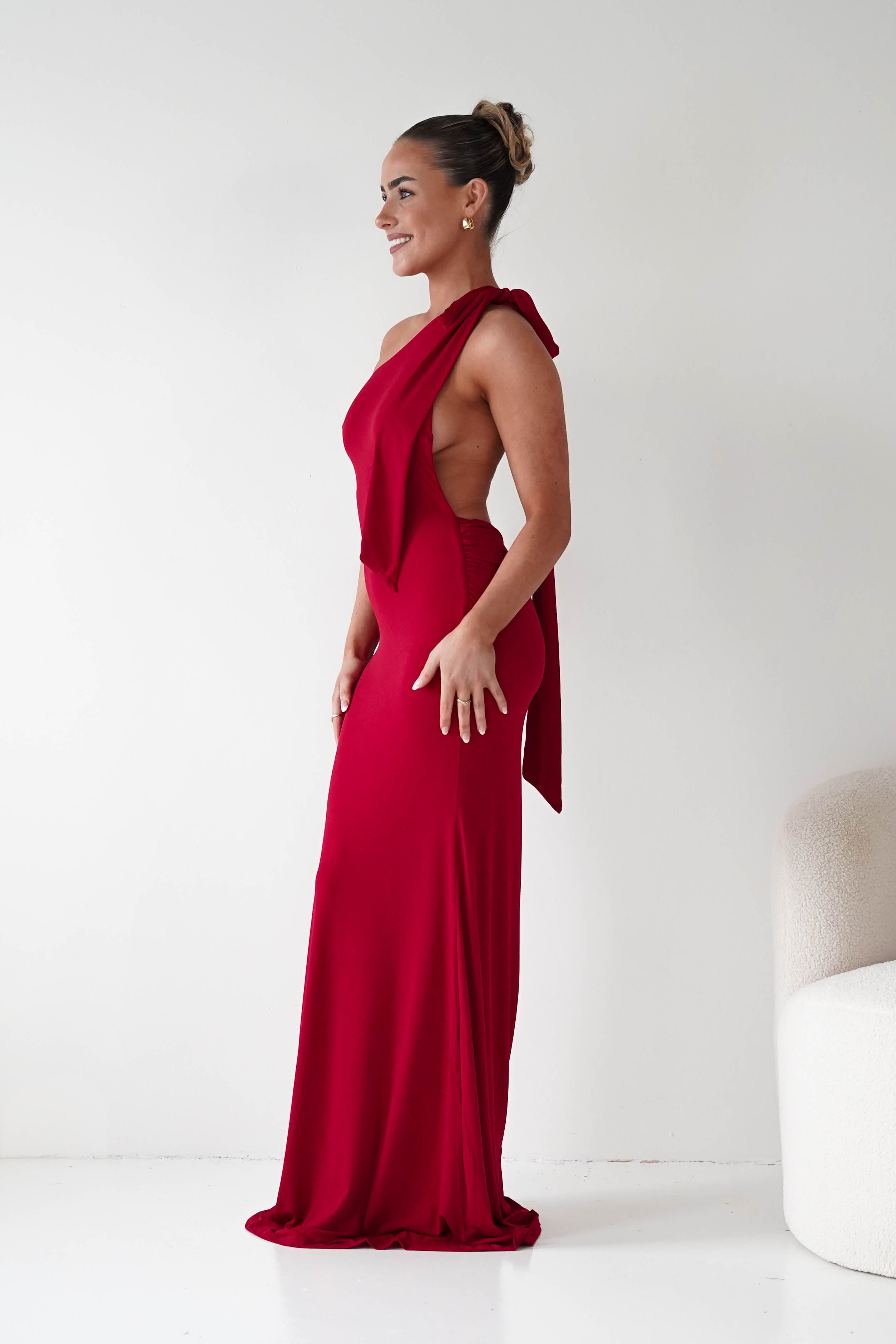 Oh Hello Clothing Wedding Guest Dresses Seraphine Backless Tie Bodycon Maxi Gown | Red