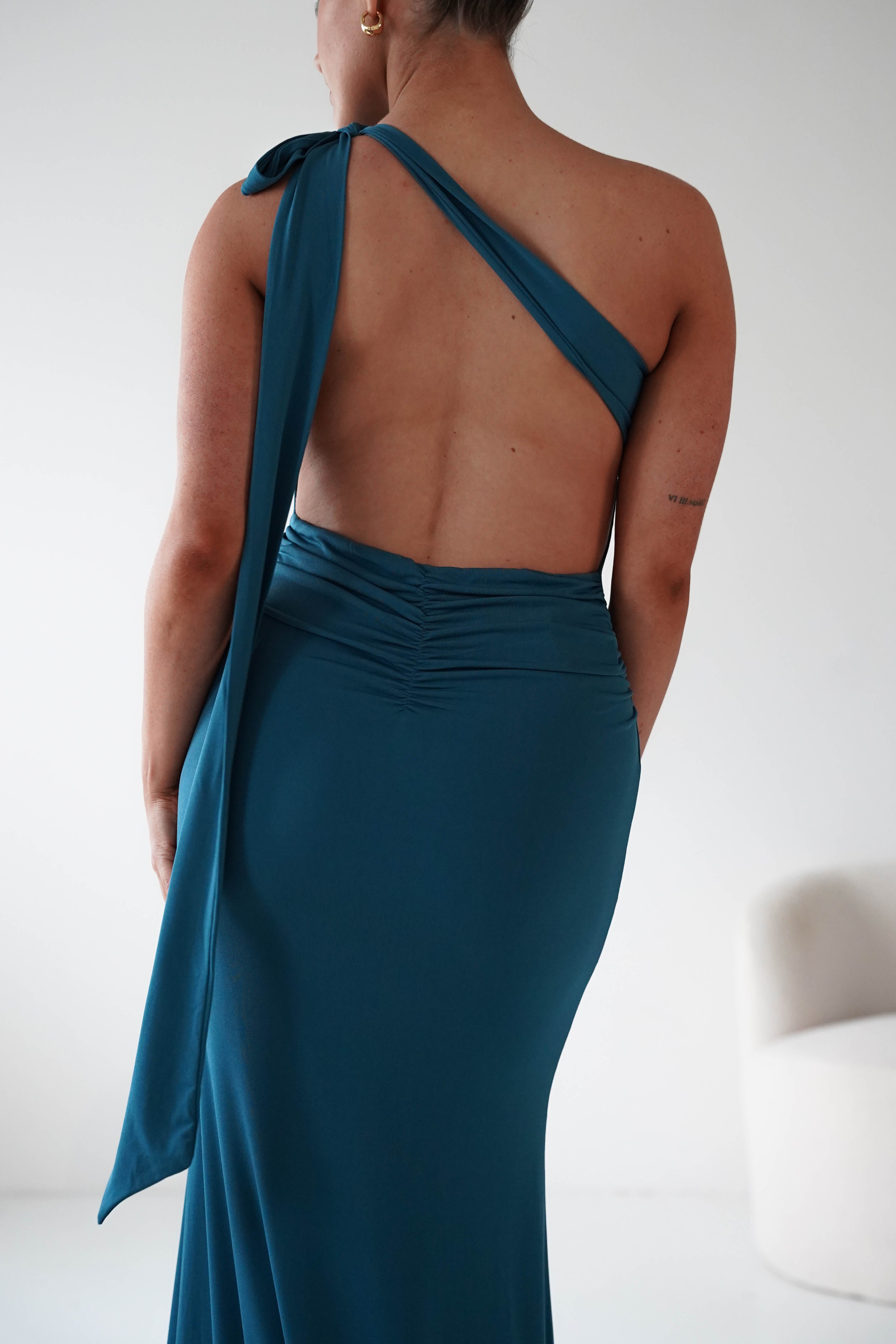 Oh Hello Clothing Debs & Prom Dresses Seraphine Backless Tie Bodycon Maxi Gown | Teal