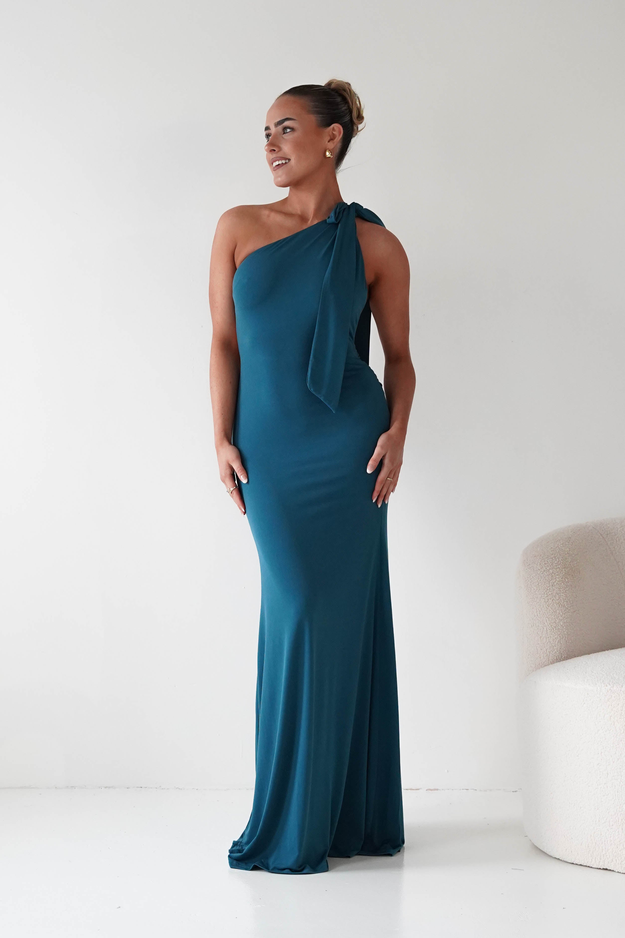 Oh Hello Clothing Debs & Prom Dresses Seraphine Backless Tie Bodycon Maxi Gown | Teal