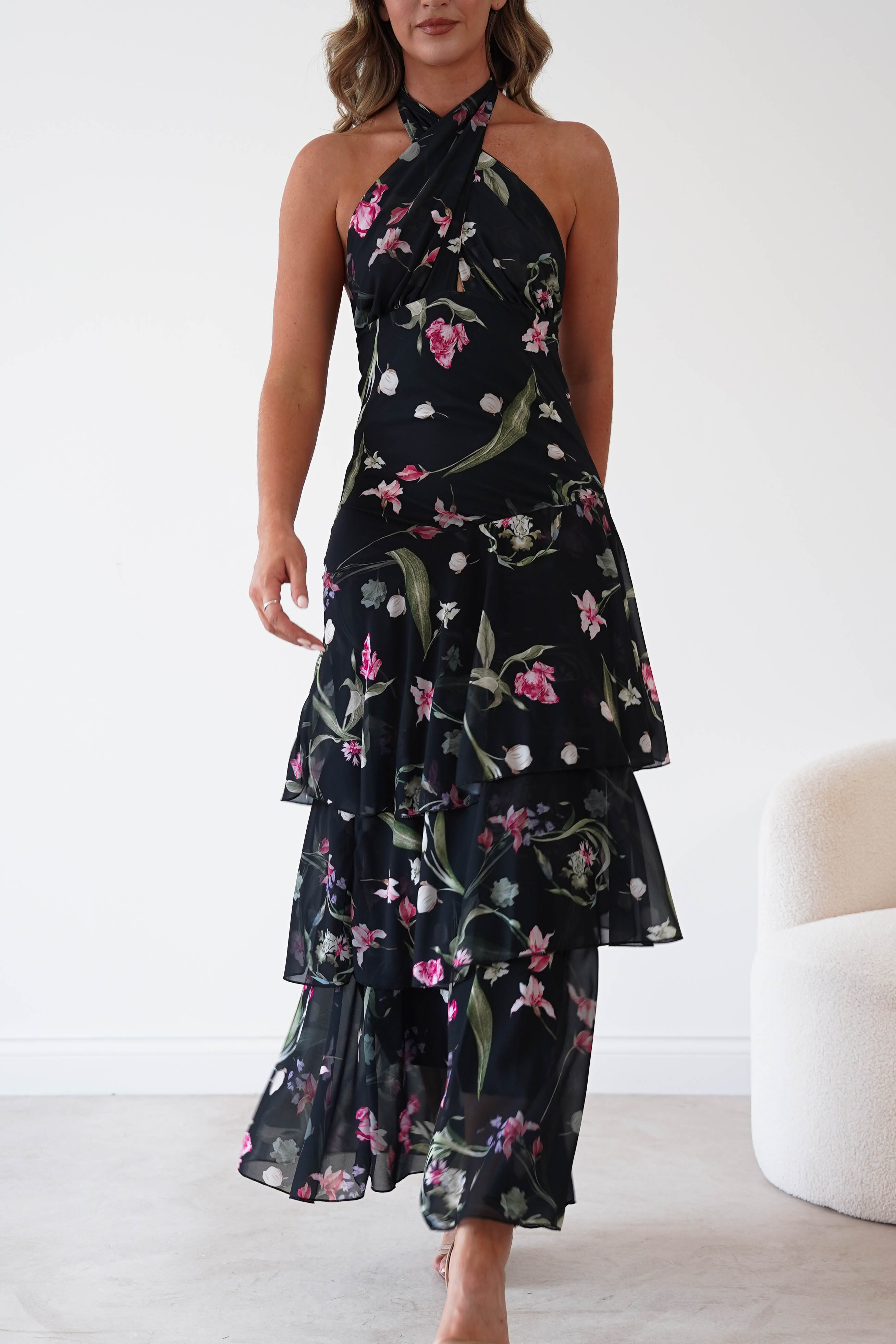 Oh Hello Clothing Women > Clothing > Dresses Seren Floral Print Halterneck Maxi Dress | Black