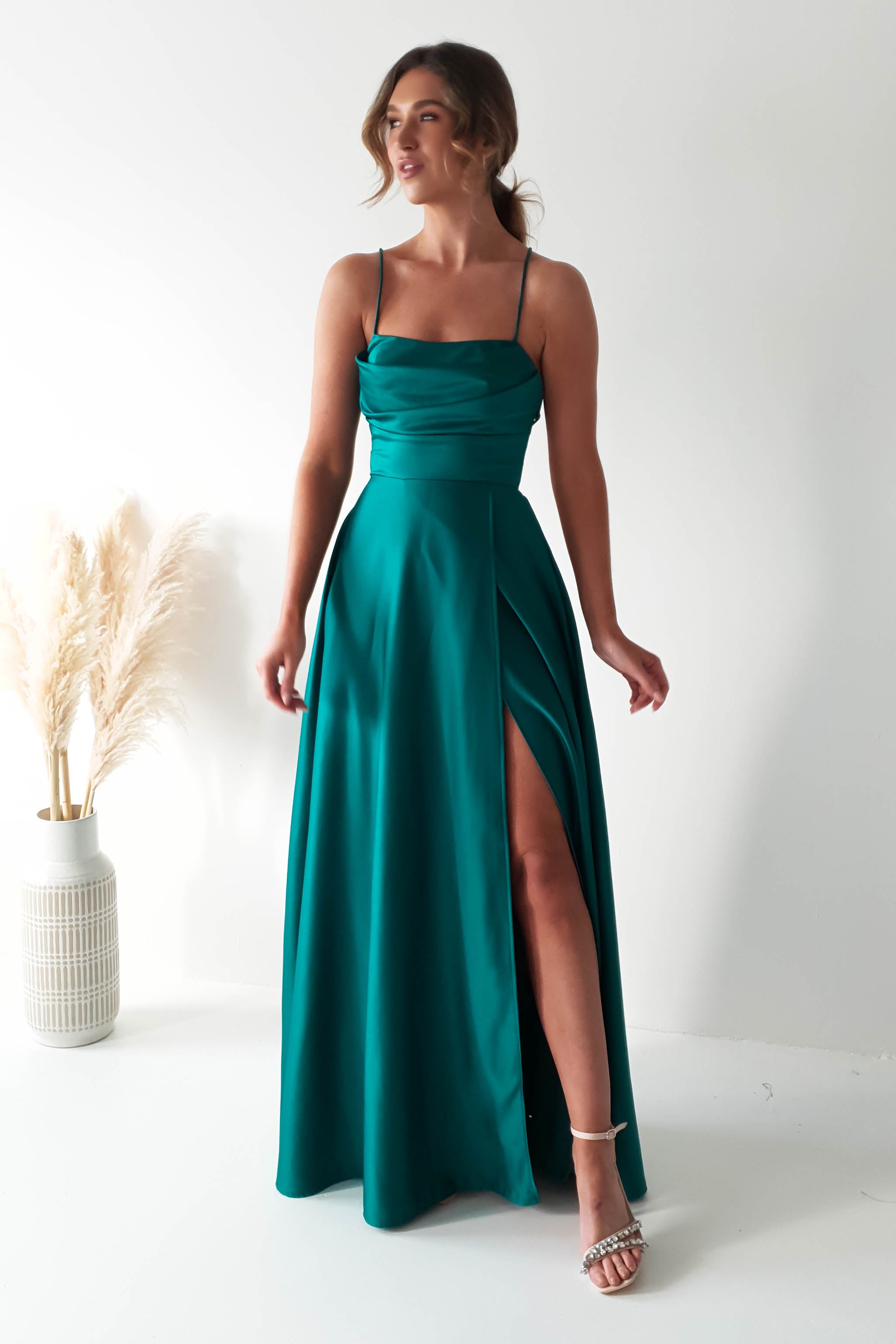 Teal deals satin gown