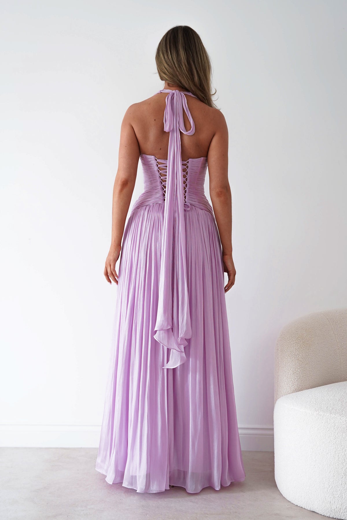 Oh Hello Clothing Dresses > Prom Dresses Sharelle Pleated Luminescent Maxi Gown | Light Purple