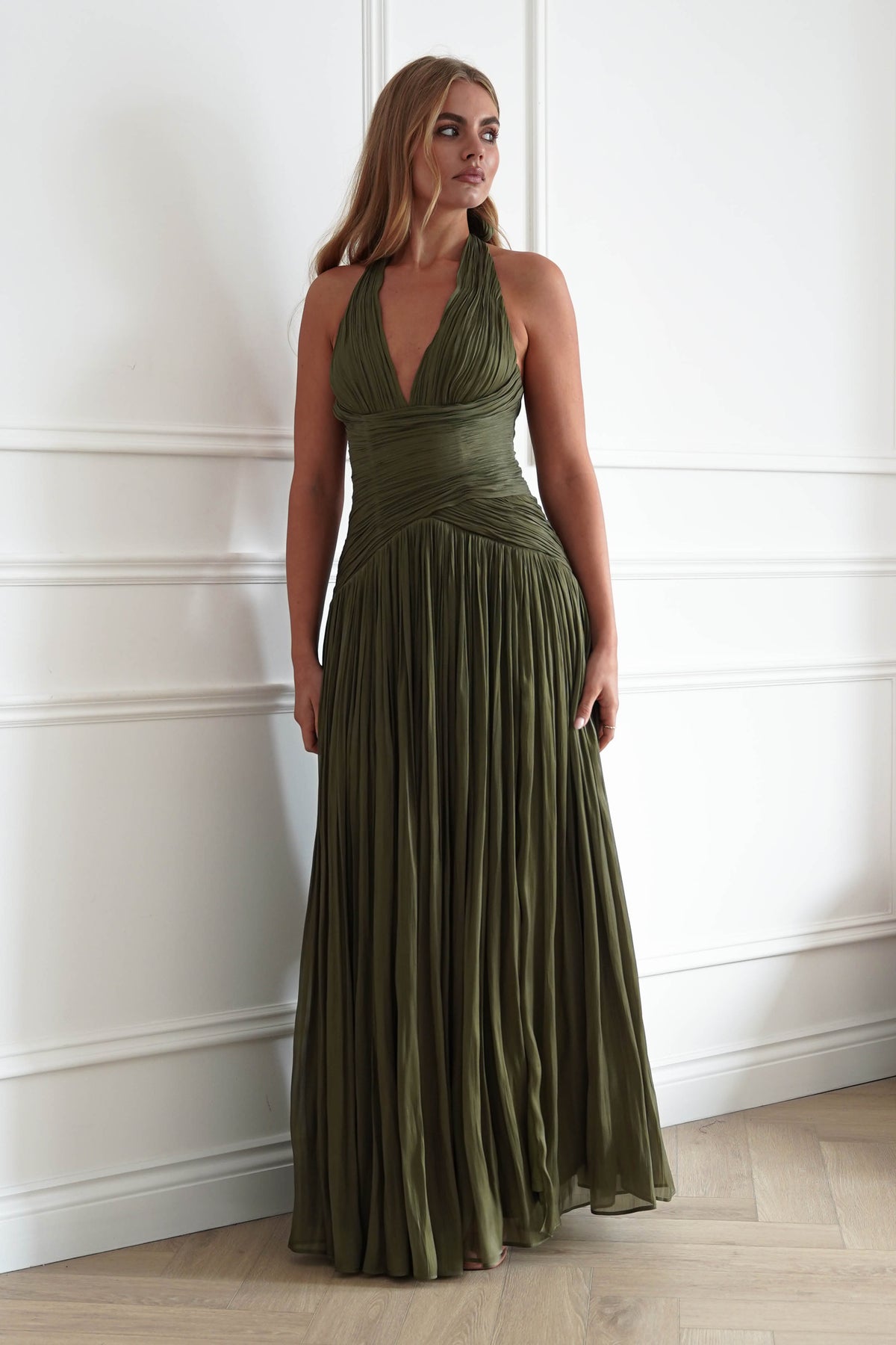 Oh Hello Clothing Dresses > Prom Dresses Sharelle Pleated Luminescent Maxi Gown | Olive