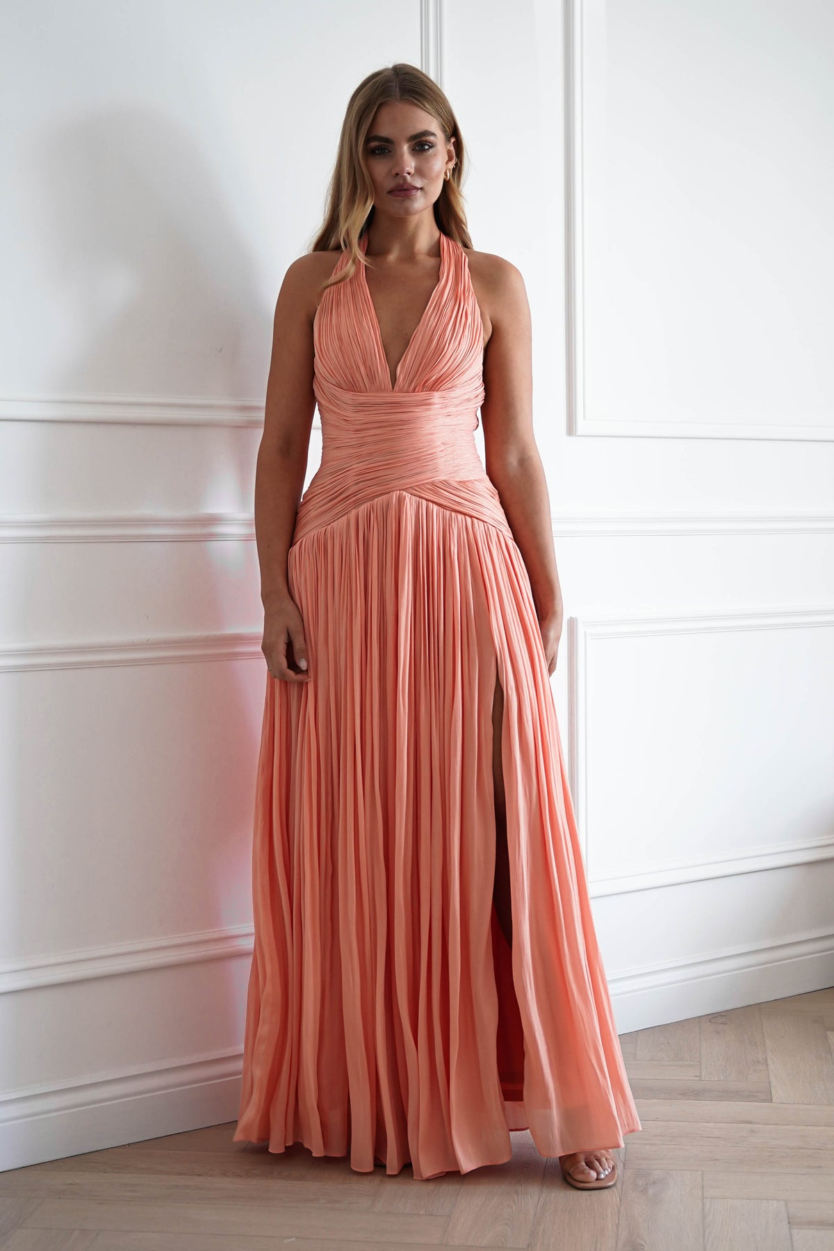 Oh Hello Clothing Dresses > Prom Dresses Sharelle Pleated Luminescent Maxi Gown | Peach