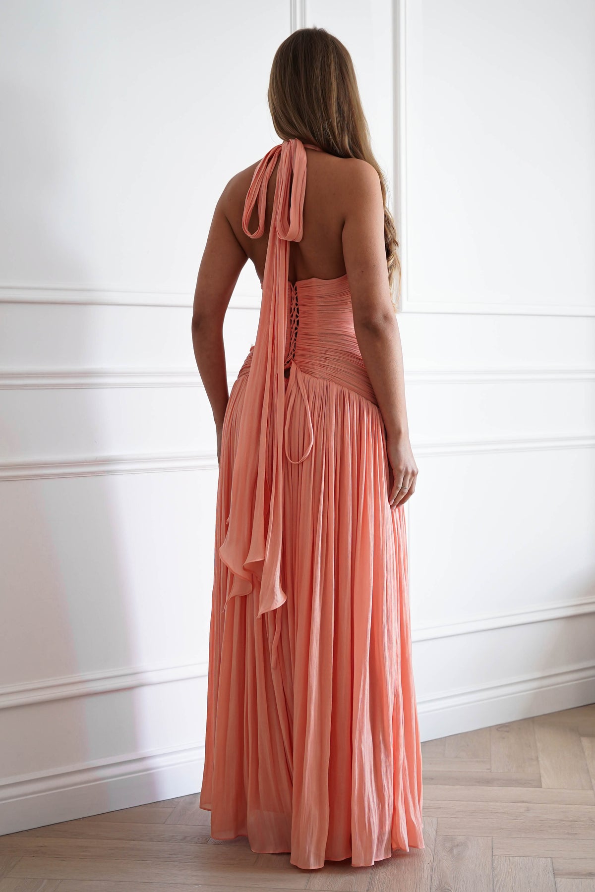 Oh Hello Clothing Dresses > Prom Dresses Sharelle Pleated Luminescent Maxi Gown | Peach