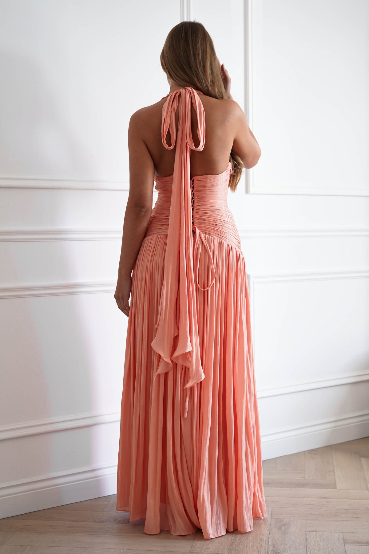 Oh Hello Clothing Dresses > Prom Dresses Sharelle Pleated Luminescent Maxi Gown | Peach