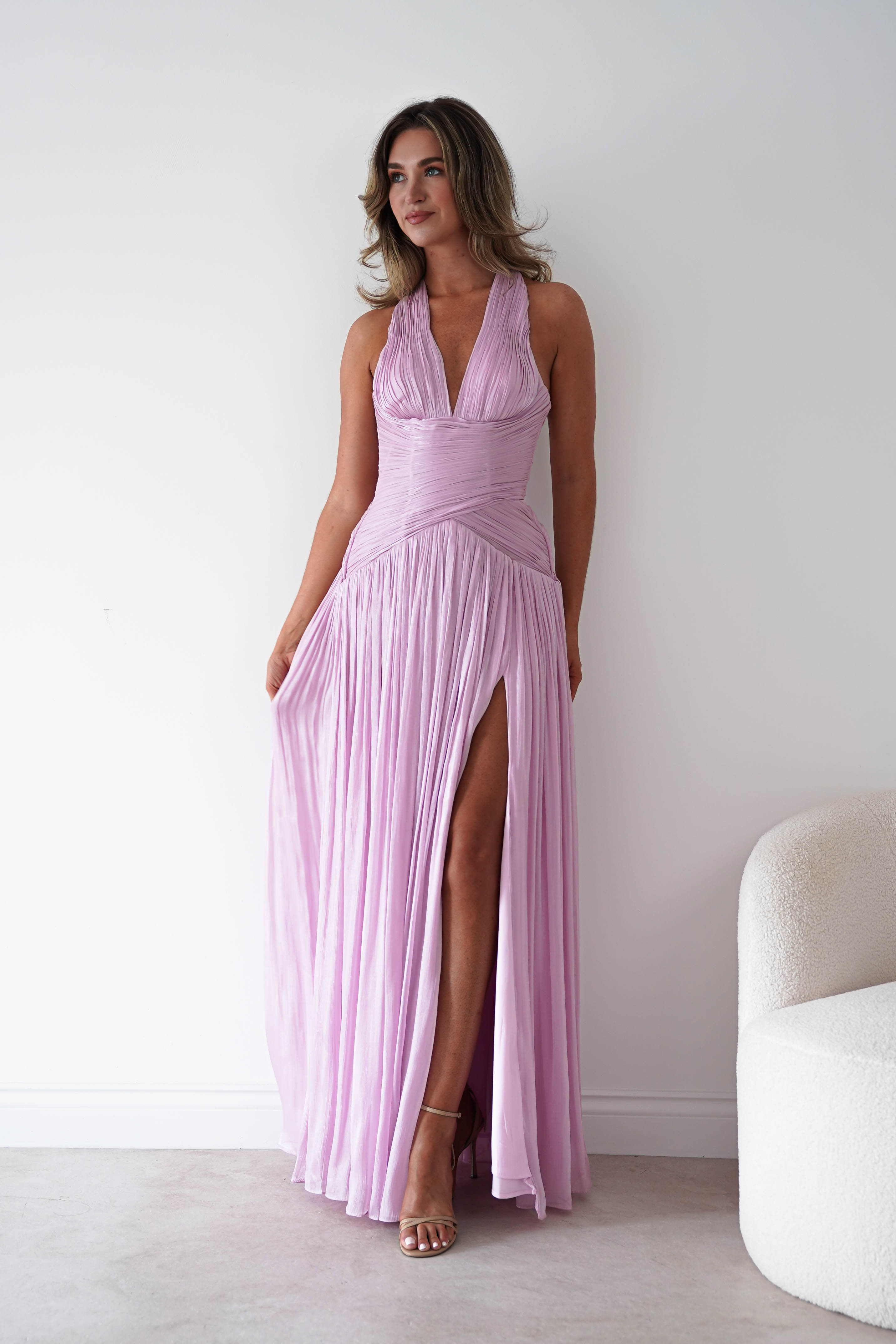 Oh Hello Clothing Dresses > Prom Dresses Sharelle Pleated Luminescent Maxi Gown | Pink