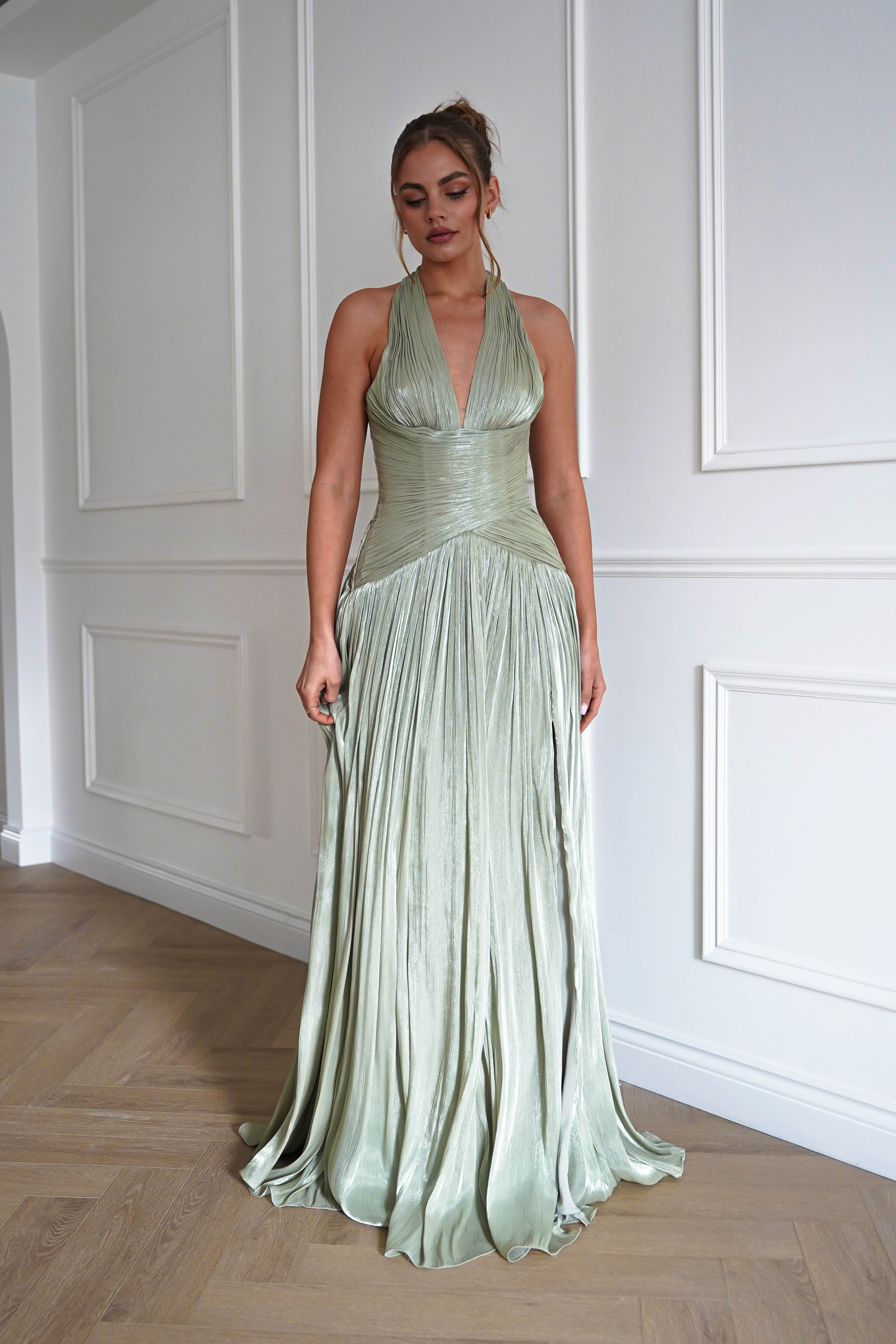 Oh Hello Clothing Dresses > Prom Dresses Sharelle Pleated Luminescent Maxi Gown | Sage