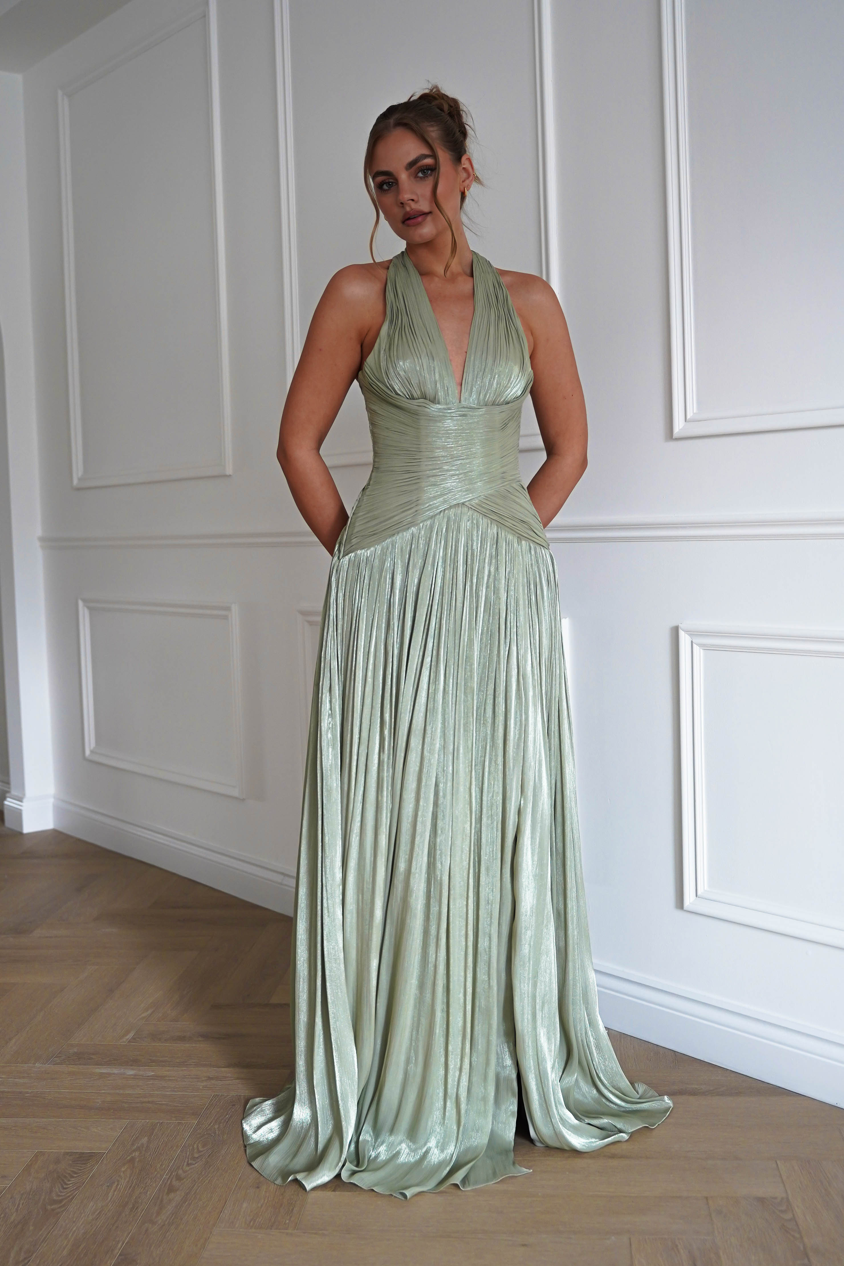 Oh Hello Clothing Dresses > Prom Dresses Sharelle Pleated Luminescent Maxi Gown | Sage