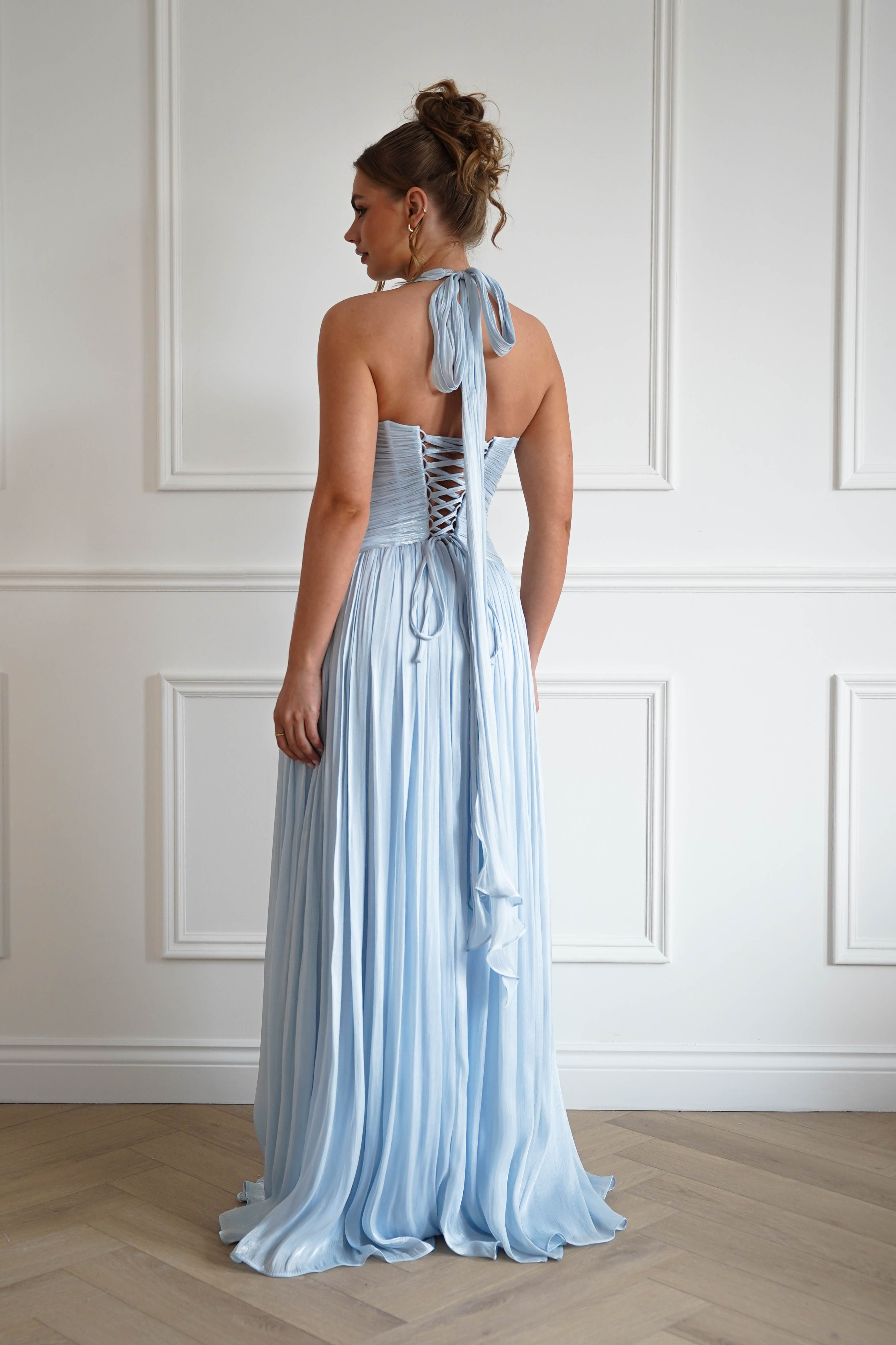 Oh Hello Clothing Dresses > Prom Dresses Sharelle Pleated Luminescent Maxi Gown | Sky Blue