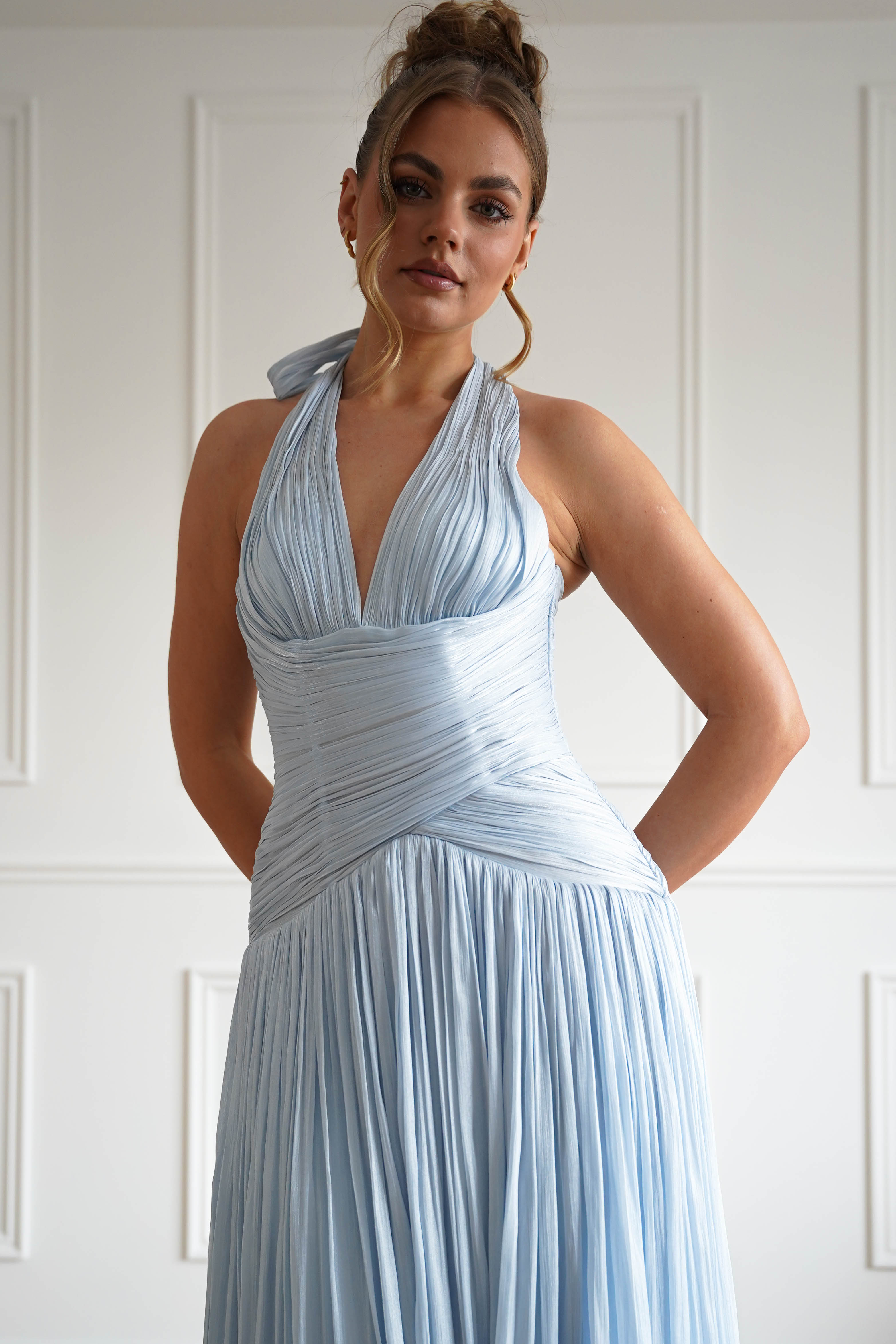 Oh Hello Clothing Dresses > Prom Dresses Sharelle Pleated Luminescent Maxi Gown | Sky Blue