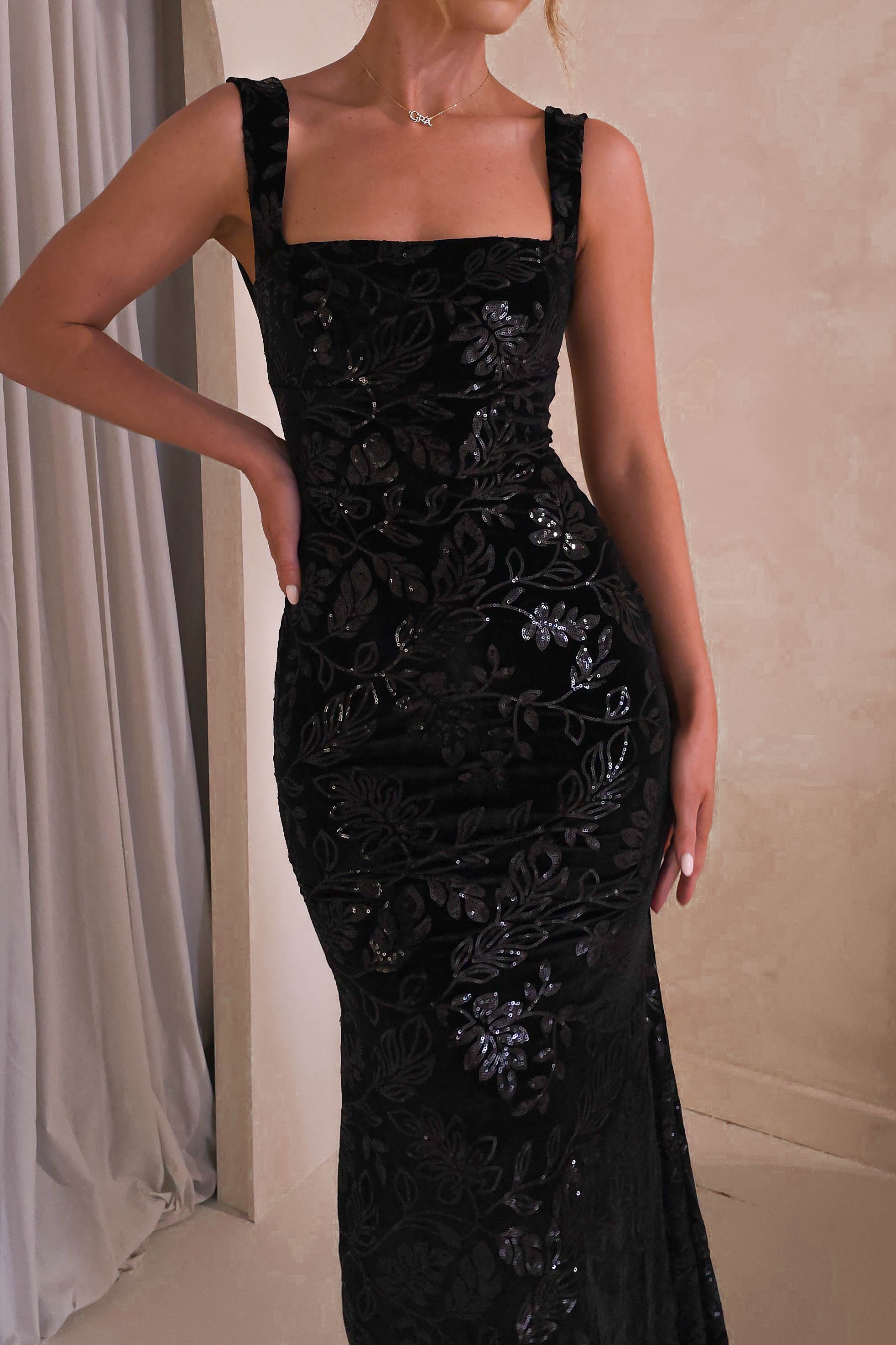 Sharma Squareneck Velvet Gown | Black