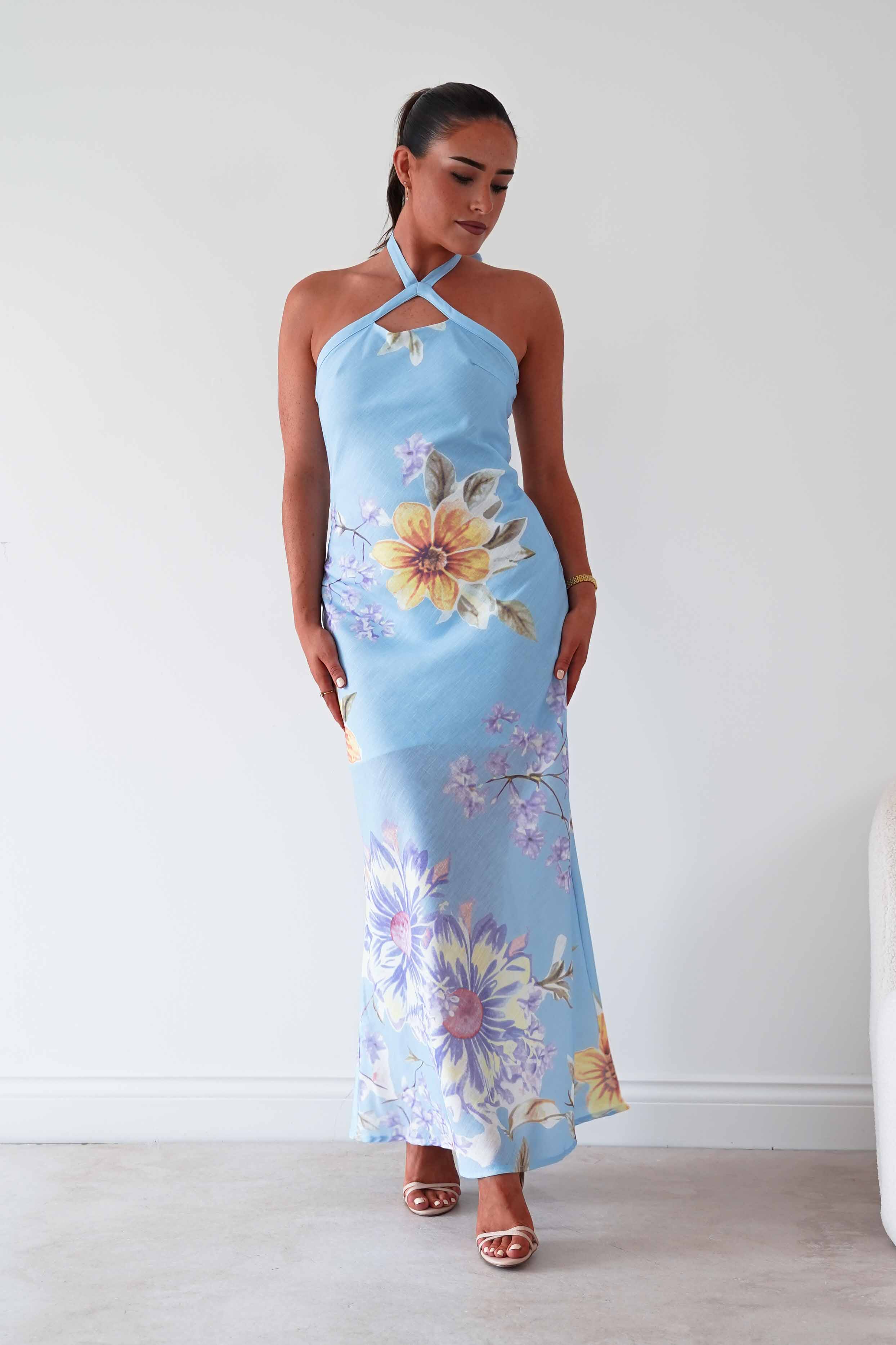 Oh Hello Clothing Women > Clothing > Dresses Siara Floral Halterneck Midi Dress | Blue