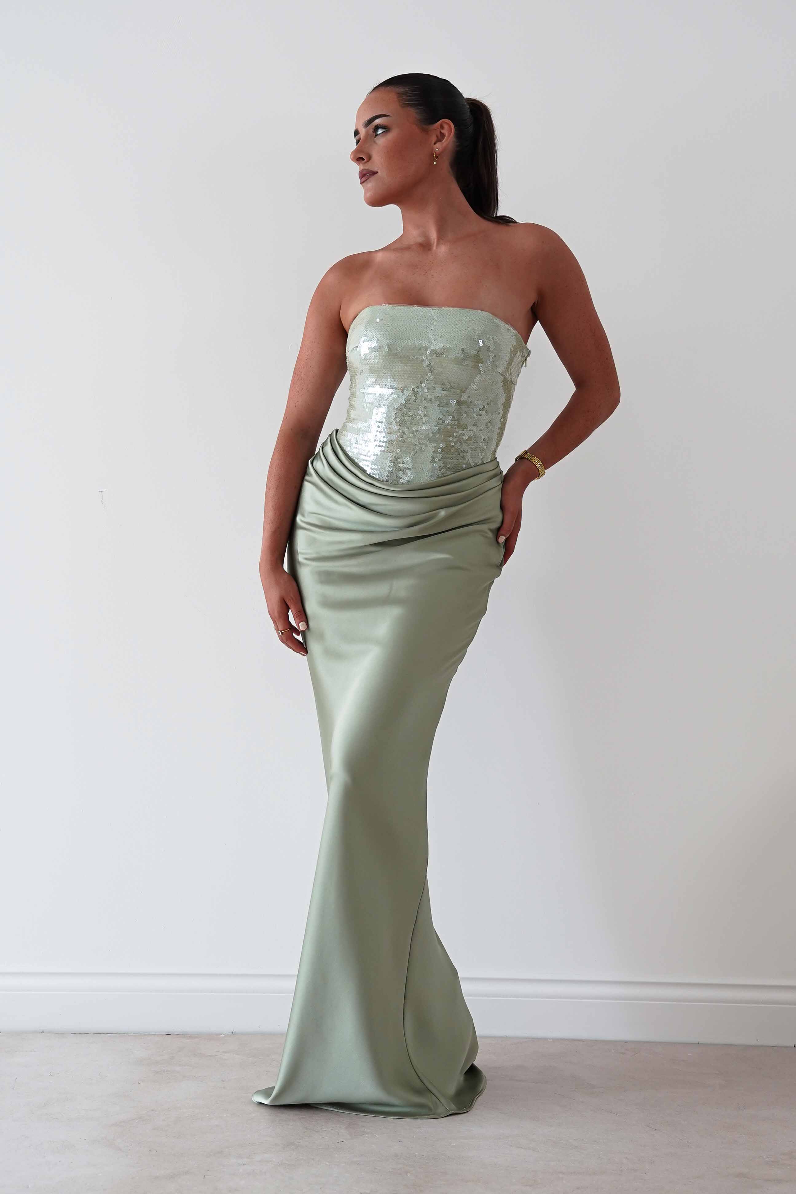 Oh Hello Clothing Dresses > Prom Dresses Sienne Strapless Sequin Satin Maxi Dress | Sage