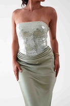Oh Hello Clothing Dresses > Prom Dresses Sienne Strapless Sequin Satin Maxi Dress | Sage