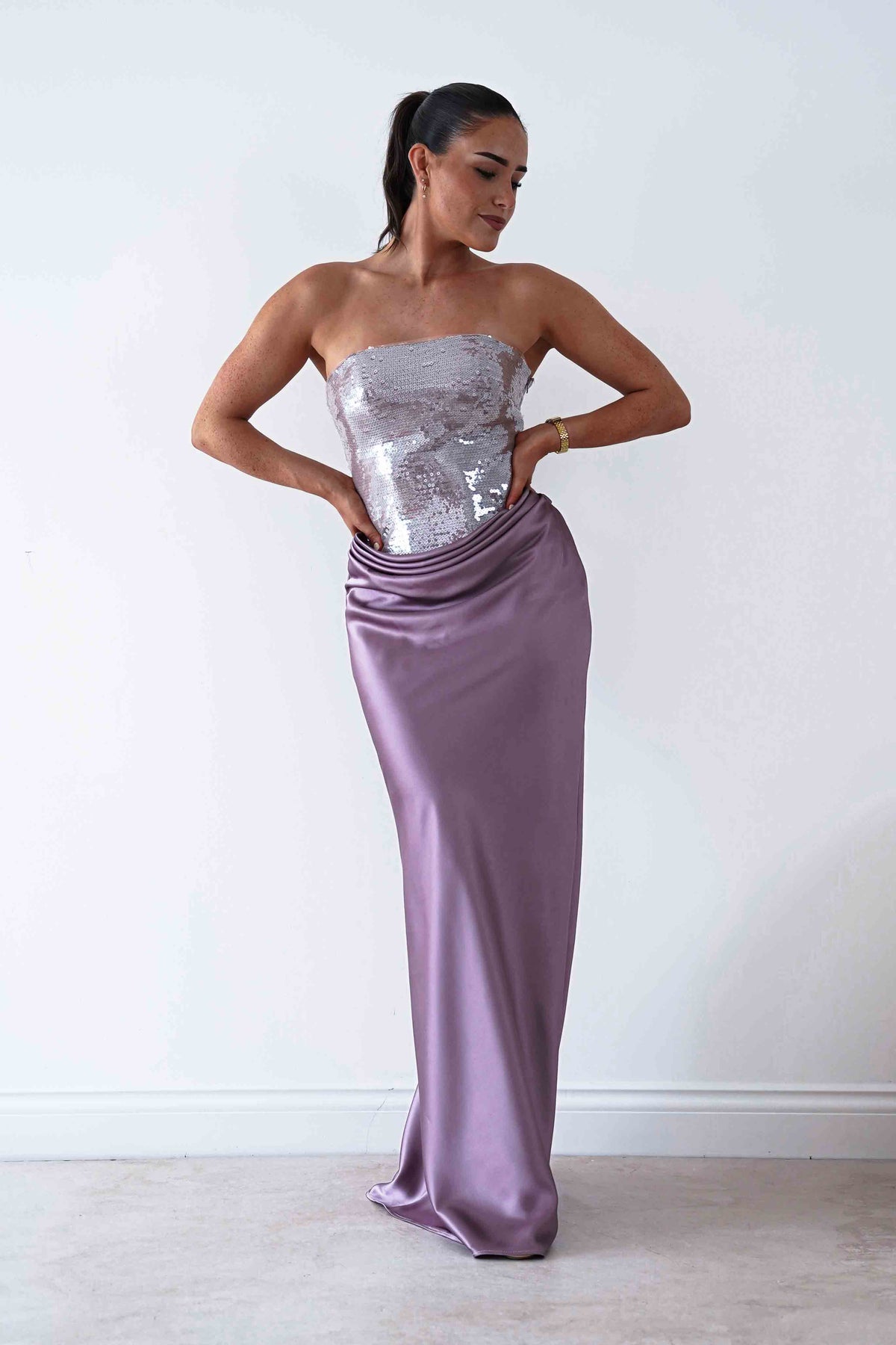 Sienne Strapless Sequin Satin Maxi Dress | Taupe