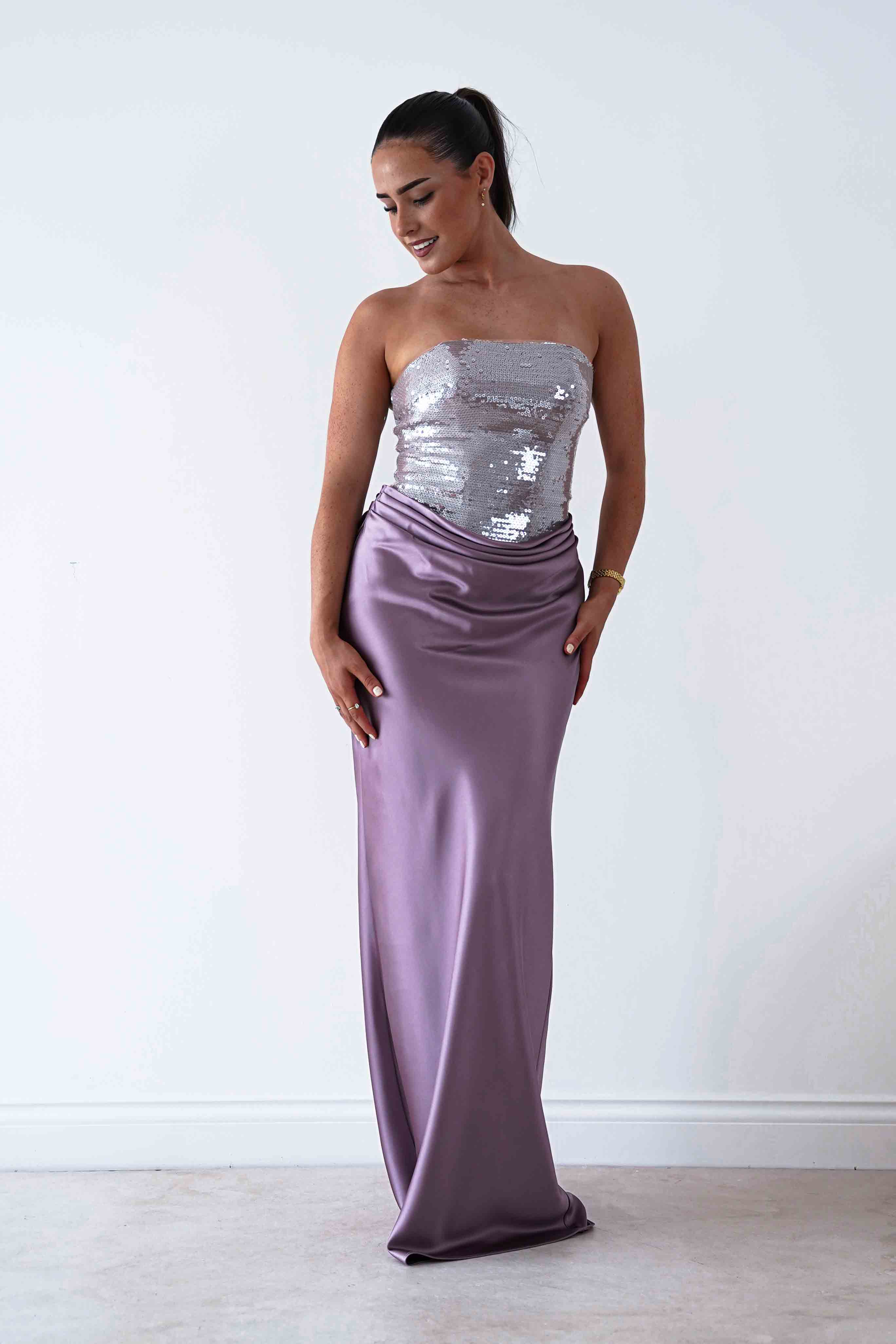 Oh Hello Clothing Dresses > Prom Dresses Sienne Strapless Sequin Satin Maxi Dress | Taupe