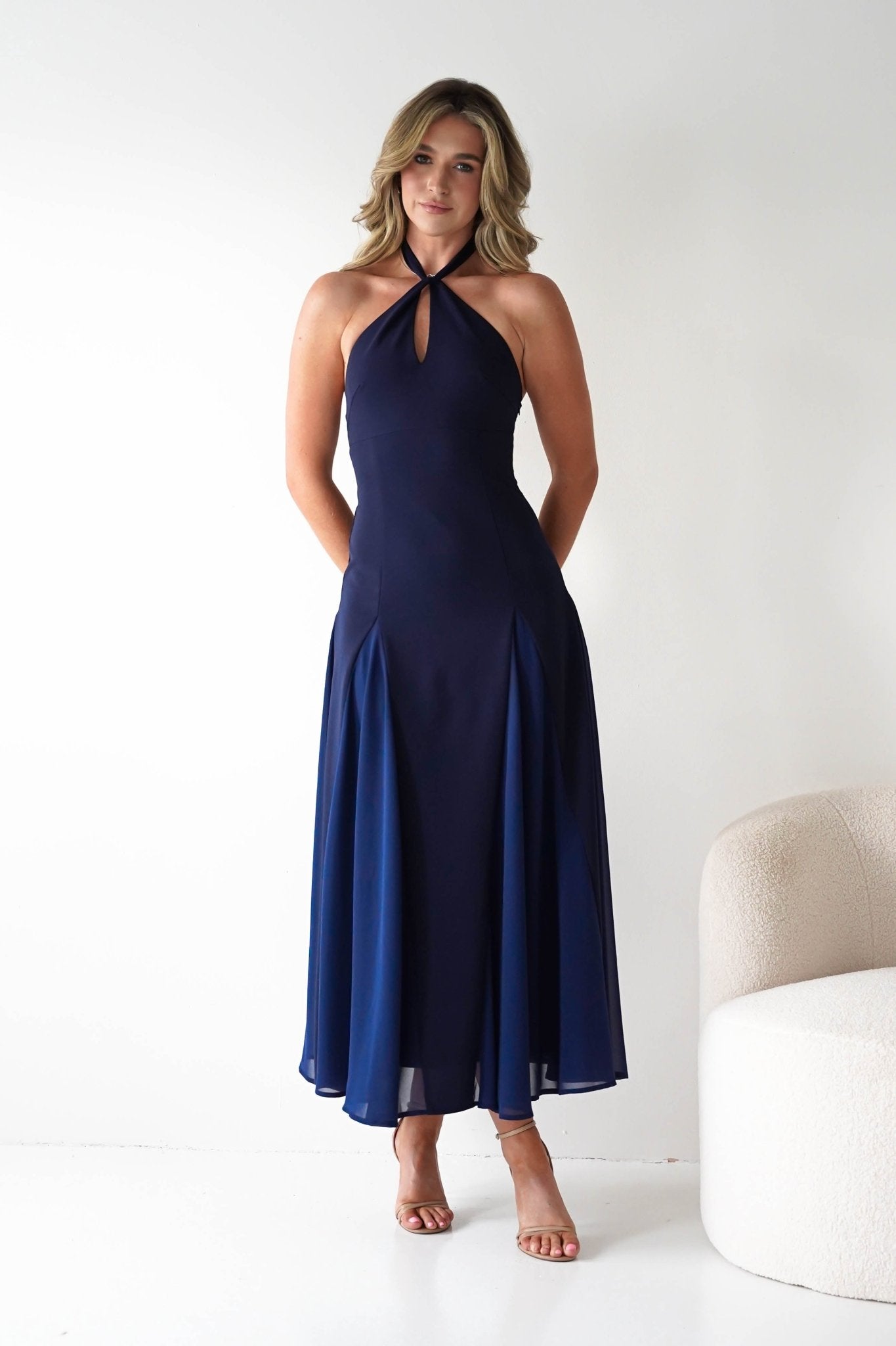 Silvana Halterneck Panel Maxi Dress | Navy | Wedding Guest | Black