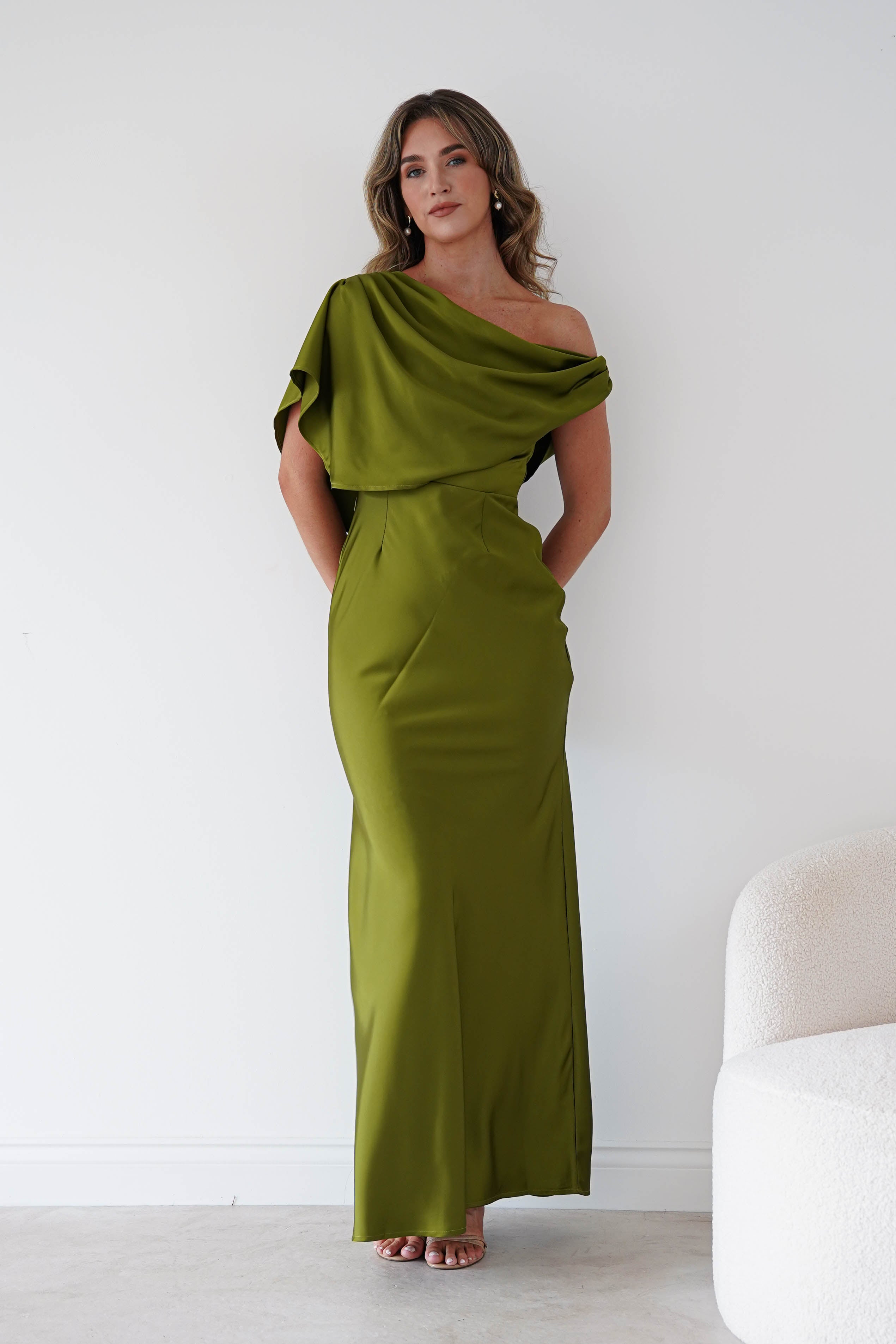 Oh Hello Clothing Women > Clothing > Dresses Sinead Satin Draped Maxi Dress | Olive Green