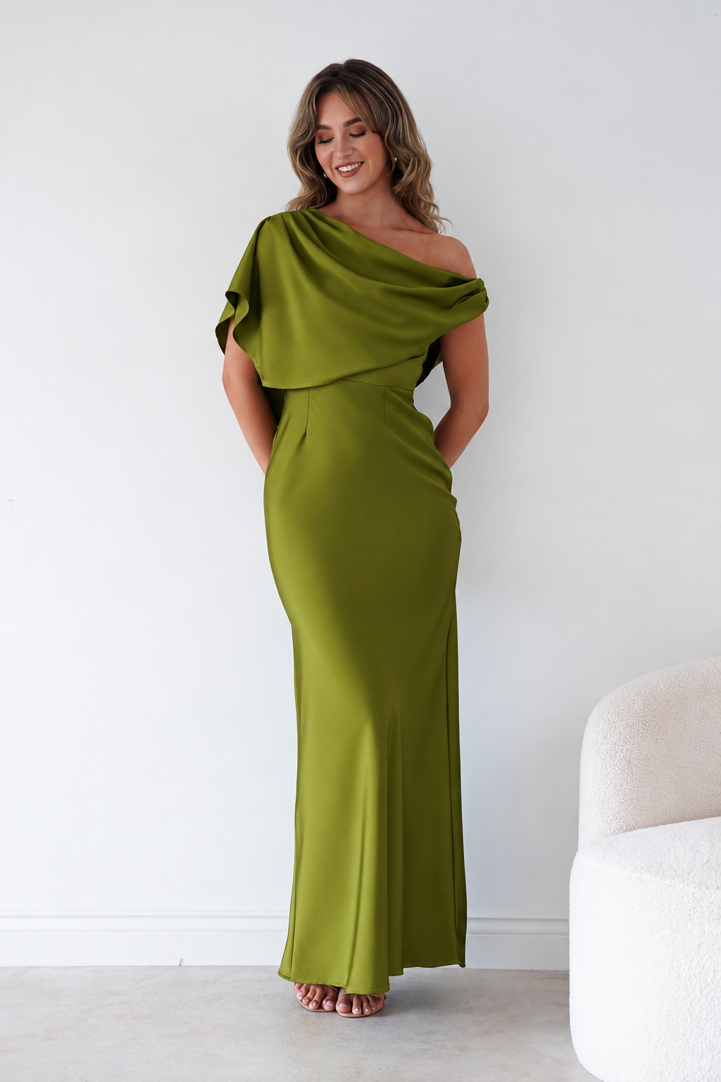 Oh Hello Clothing Women > Clothing > Dresses Sinead Satin Draped Maxi Dress | Olive Green