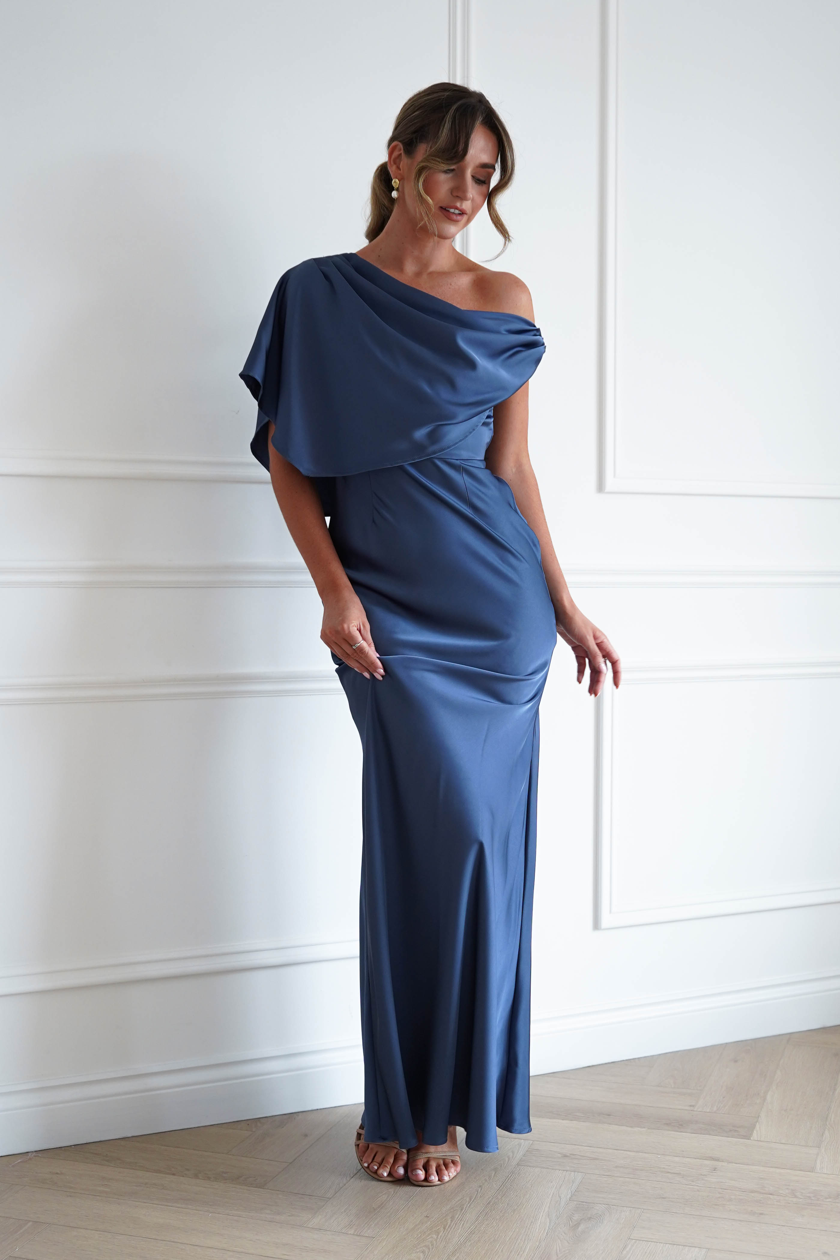 Oh Hello Clothing Women > Clothing > Dresses Sinead Satin Draped Maxi Dress | Slate Blue
