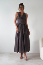 Sivana Polka Dot Skater Maxi Dress Brown | Wedding Guest Dress | Maxi | Skater | Oh Hello Clothing