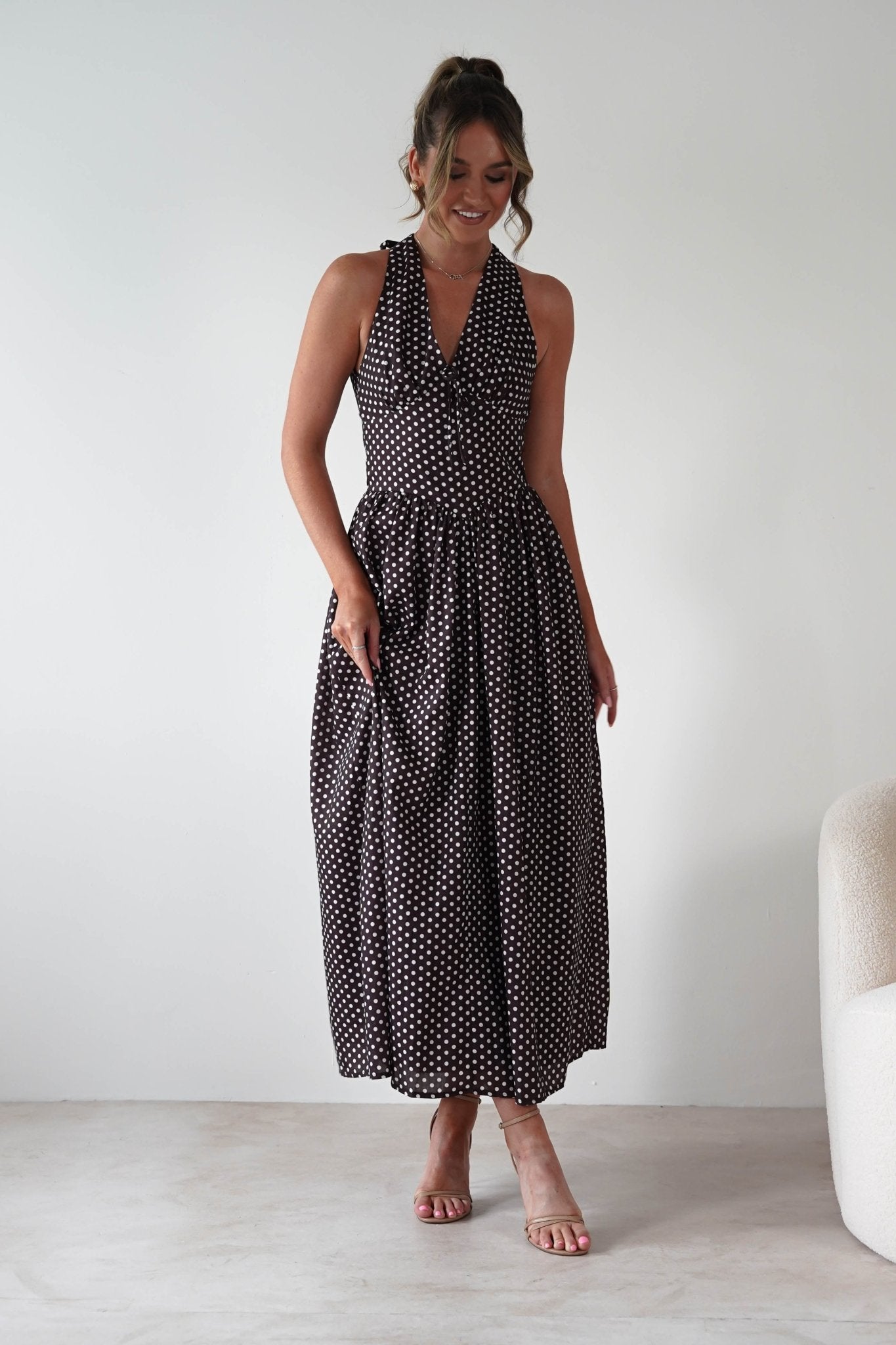 Sivana Polka Dot Skater Maxi Dress | Brown | Oh Hello Clothing | XS (6)