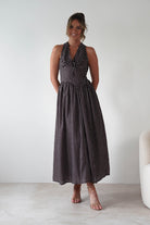 Sivana Polka Dot Skater Maxi Dress Brown | Wedding Guest Dress | Maxi | Skater | Oh Hello Clothing