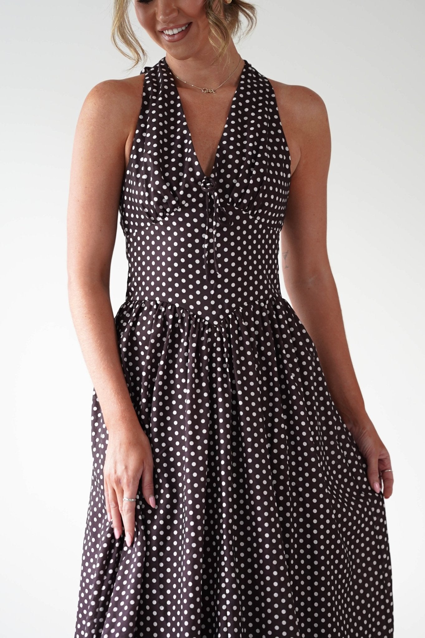 Sivana Polka Dot Skater Maxi Dress | Brown | Oh Hello Clothing | XS (6)