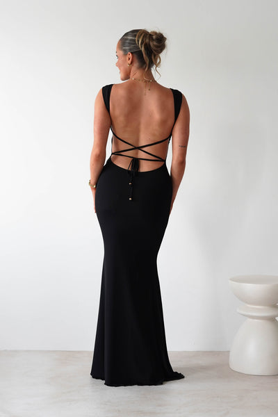 Sky Stretchy Mesh Backless Maxi Dress Black | Wedding Guest Dress | Backless