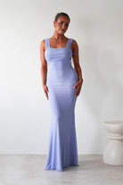 Sky Stretchy Mesh Backless Maxi Dress Dusty Blue | Wedding Guest Dress | Backless | Maxi | Oh Hello Clothing