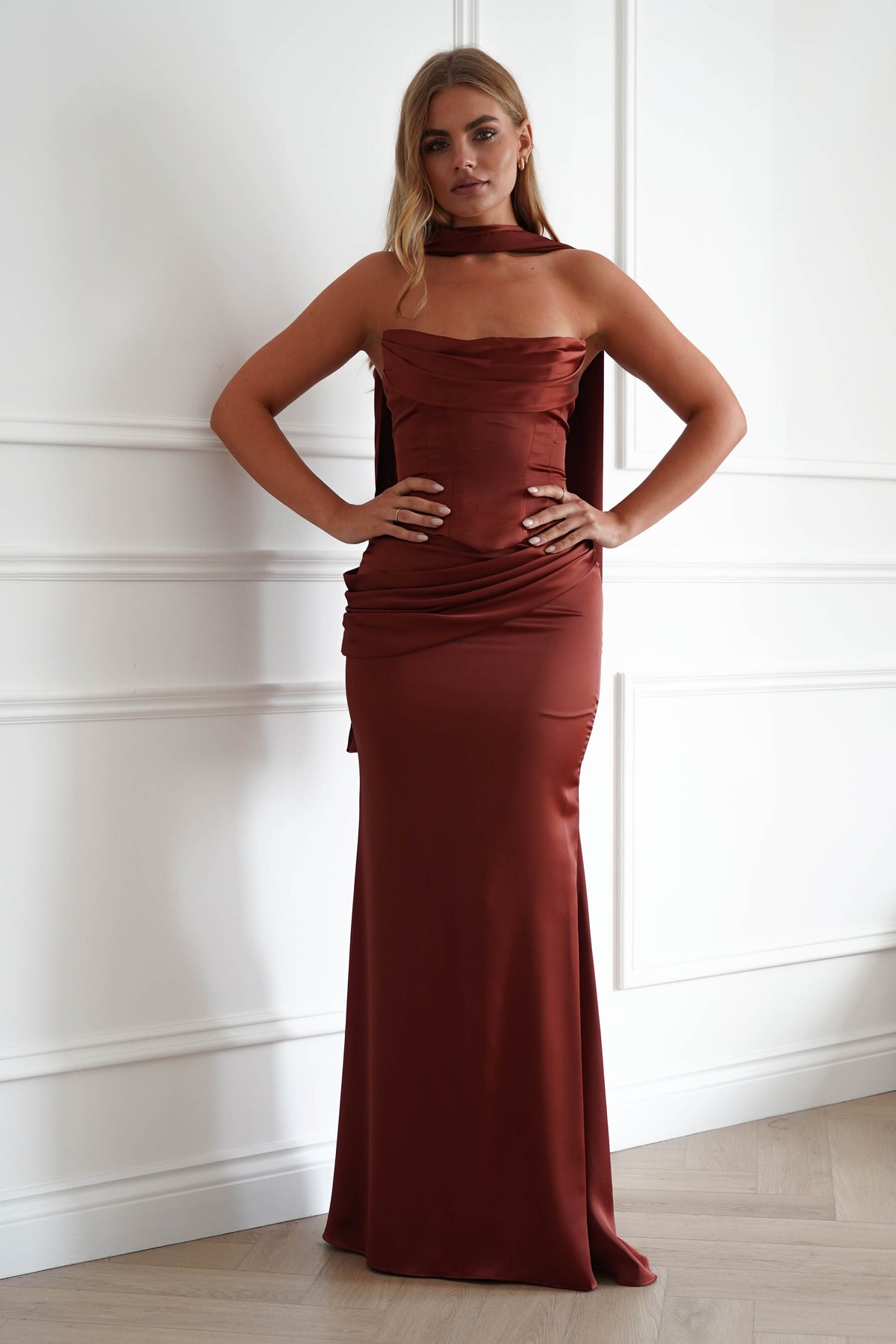 Oh Hello Clothing Women > Clothing > Dresses Solace Draped Corset & Skirt 2 Piece | Rust