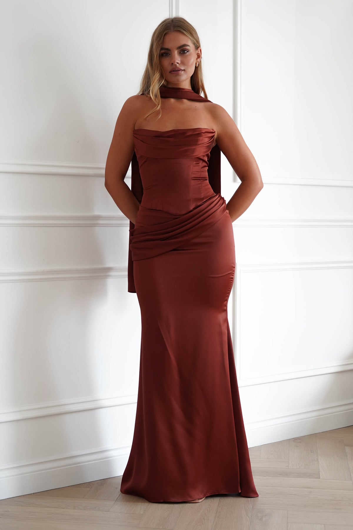 Oh Hello Clothing Women > Clothing > Dresses Solace Draped Corset & Skirt 2 Piece | Rust