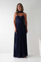 Sonia Pleated Scarf detail Maxi Dress Navy | Wedding Guest Dress | Pleated Skirt | Maxi | Oh Hello Clothing
