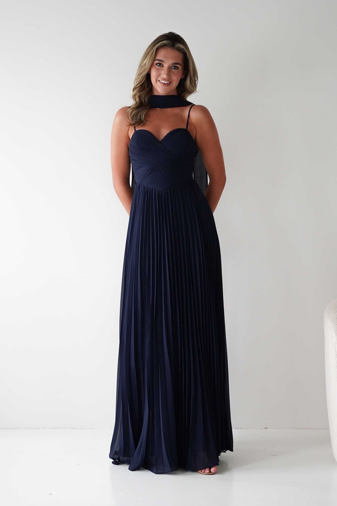 Sonia Pleated Scarf detail Maxi Dress | Navy | Oh Hello Clothing | S (8)