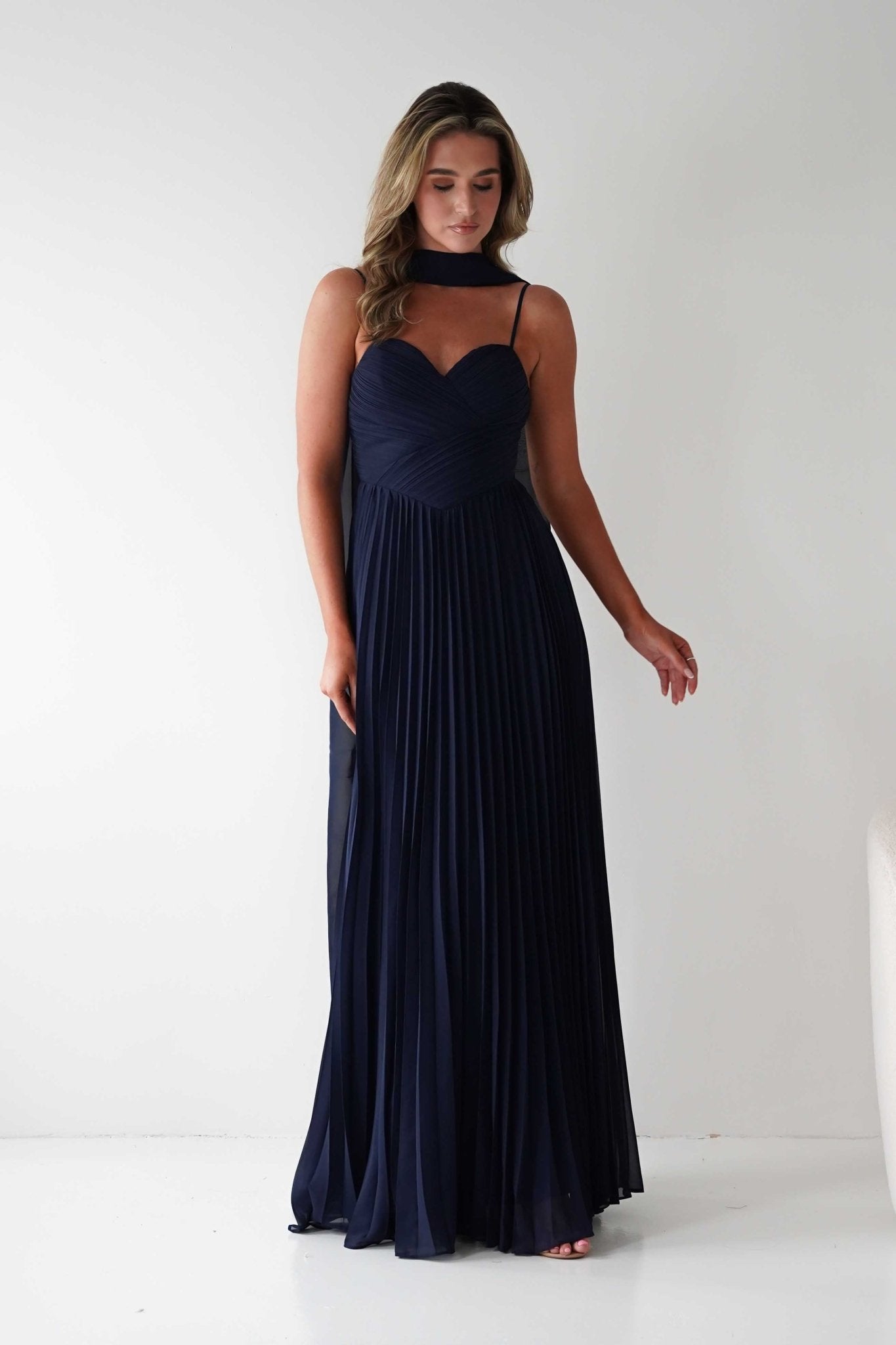 Sonia Pleated Scarf detail Maxi Dress | Navy | Oh Hello Clothing | S (8)
