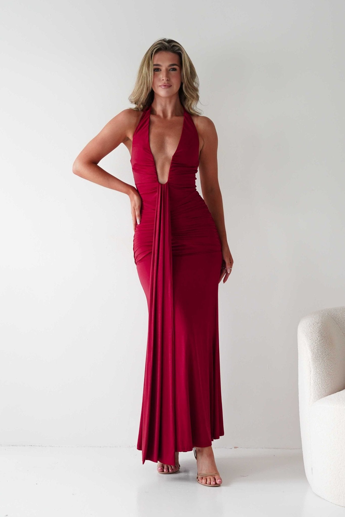 Sophia Low Cut Bodycon Maxi Dress | Red | Oh Hello Clothing | S (8)