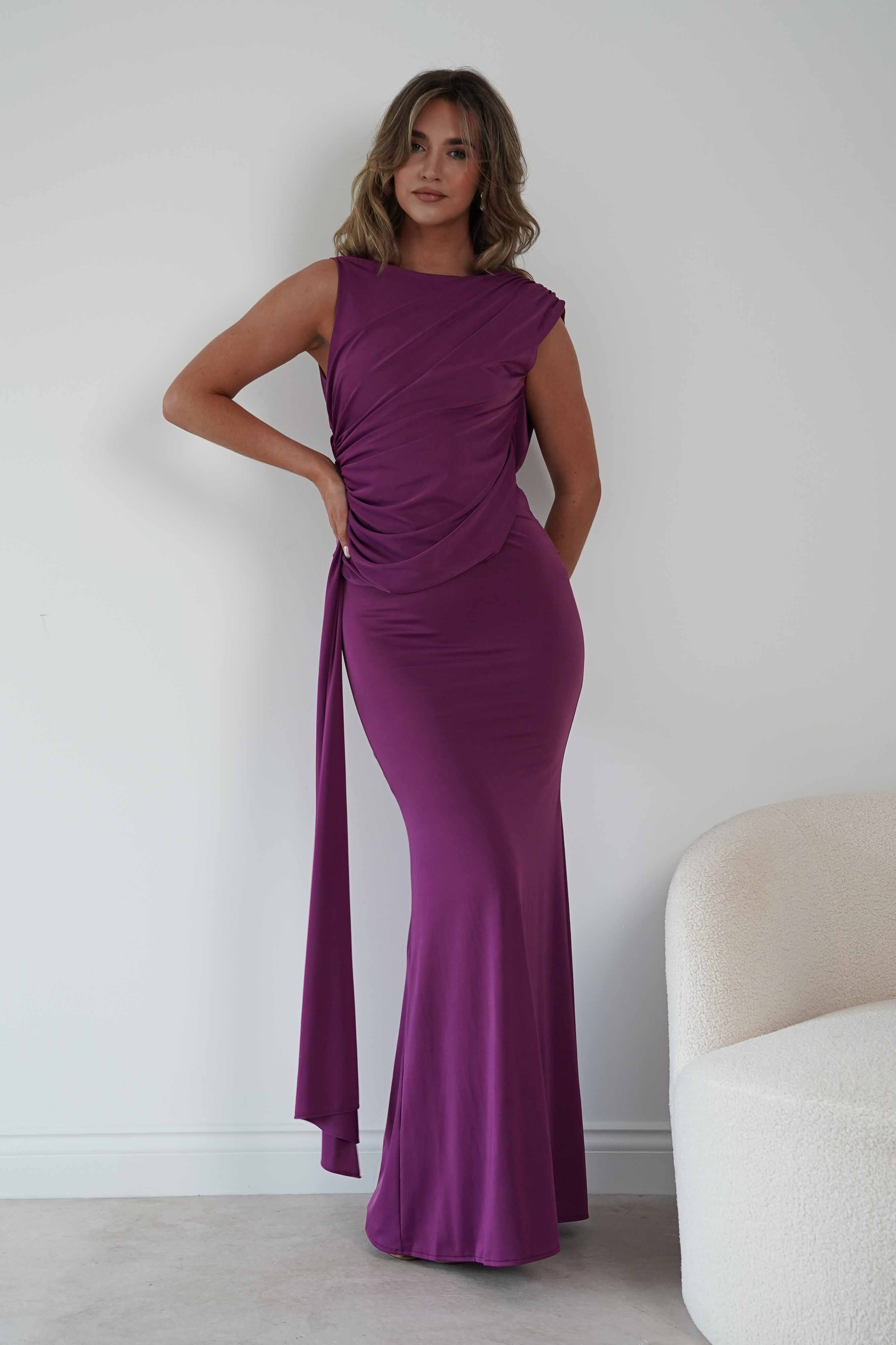 Oh Hello Clothing Women > Clothing > Dresses Sophine Draped Ruched Maxi Dress | Plum