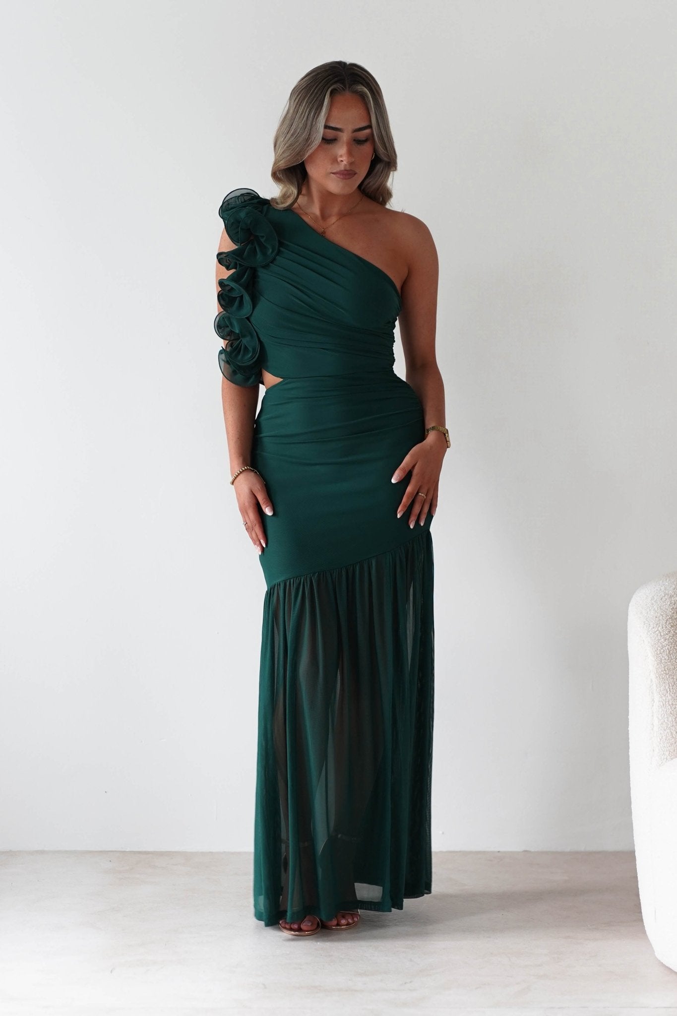 Stephanie Mesh Ruffle Maxi Dress | Forest Green | Oh Hello Clothing | XS (6)
