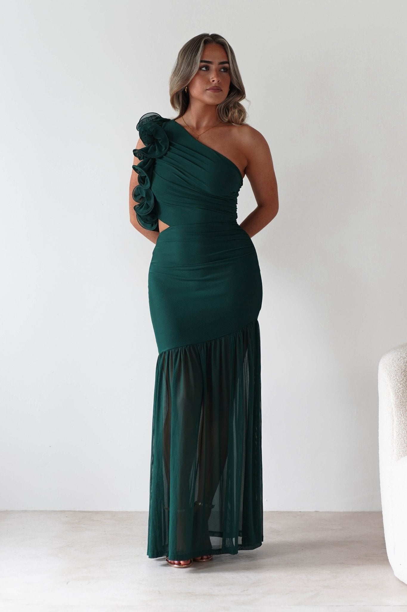 Stephanie Mesh Ruffle Maxi Dress | Forest Green | Oh Hello Clothing | XS (6)