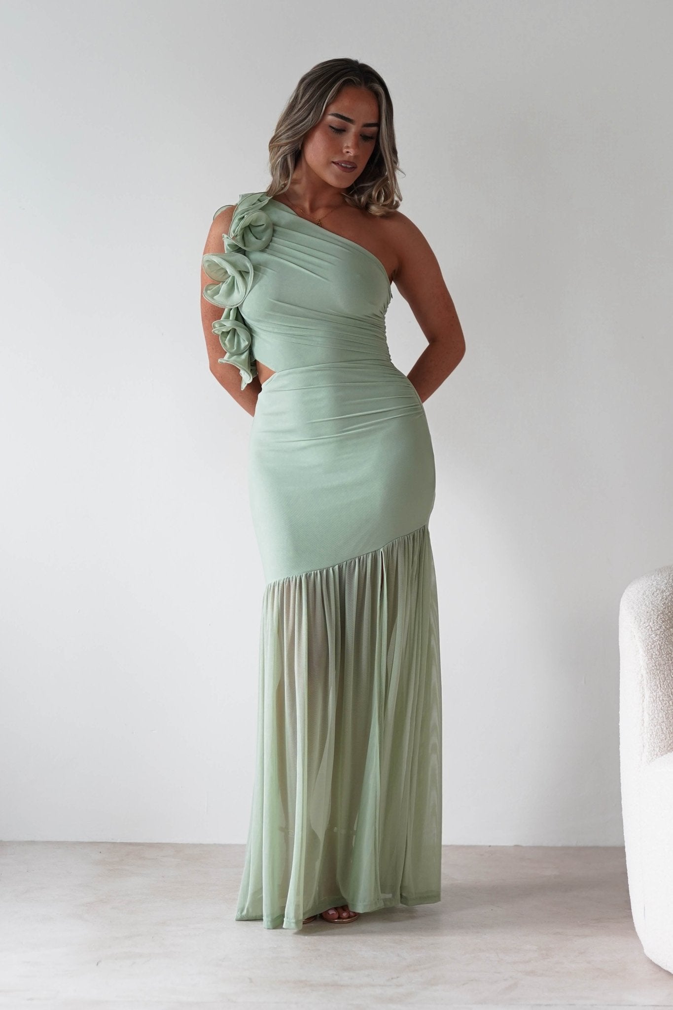 Stephanie Mesh Ruffle Maxi Dress | Sage | Oh Hello Clothing | XS (6)