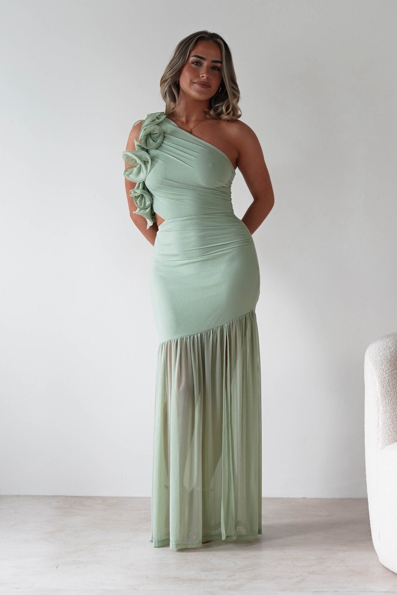 Stephanie Mesh Ruffle Maxi Dress | Sage | Oh Hello Clothing | XS (6)