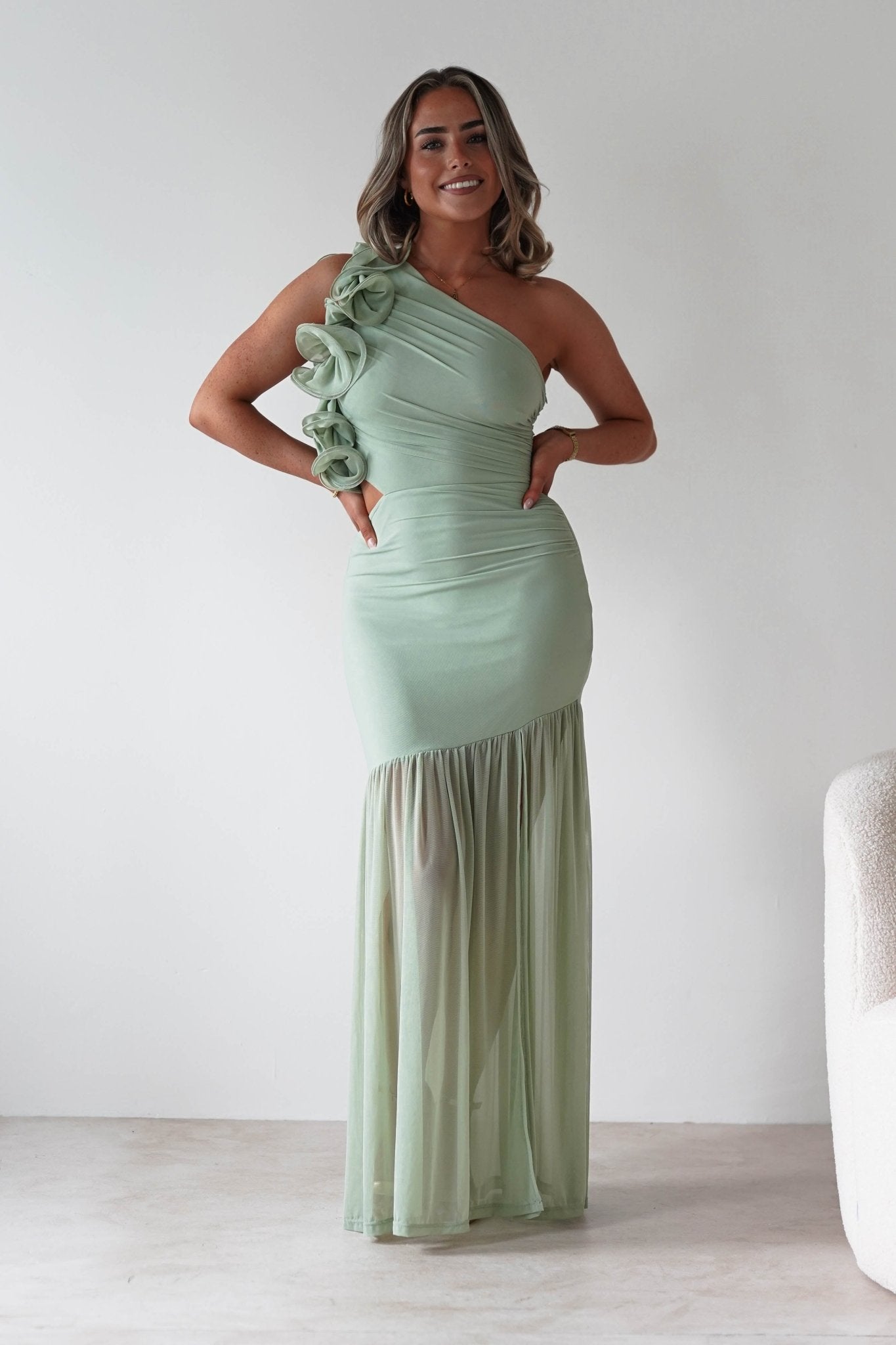 Stephanie Mesh Ruffle Maxi Dress | Sage | Oh Hello Clothing | XS (6)