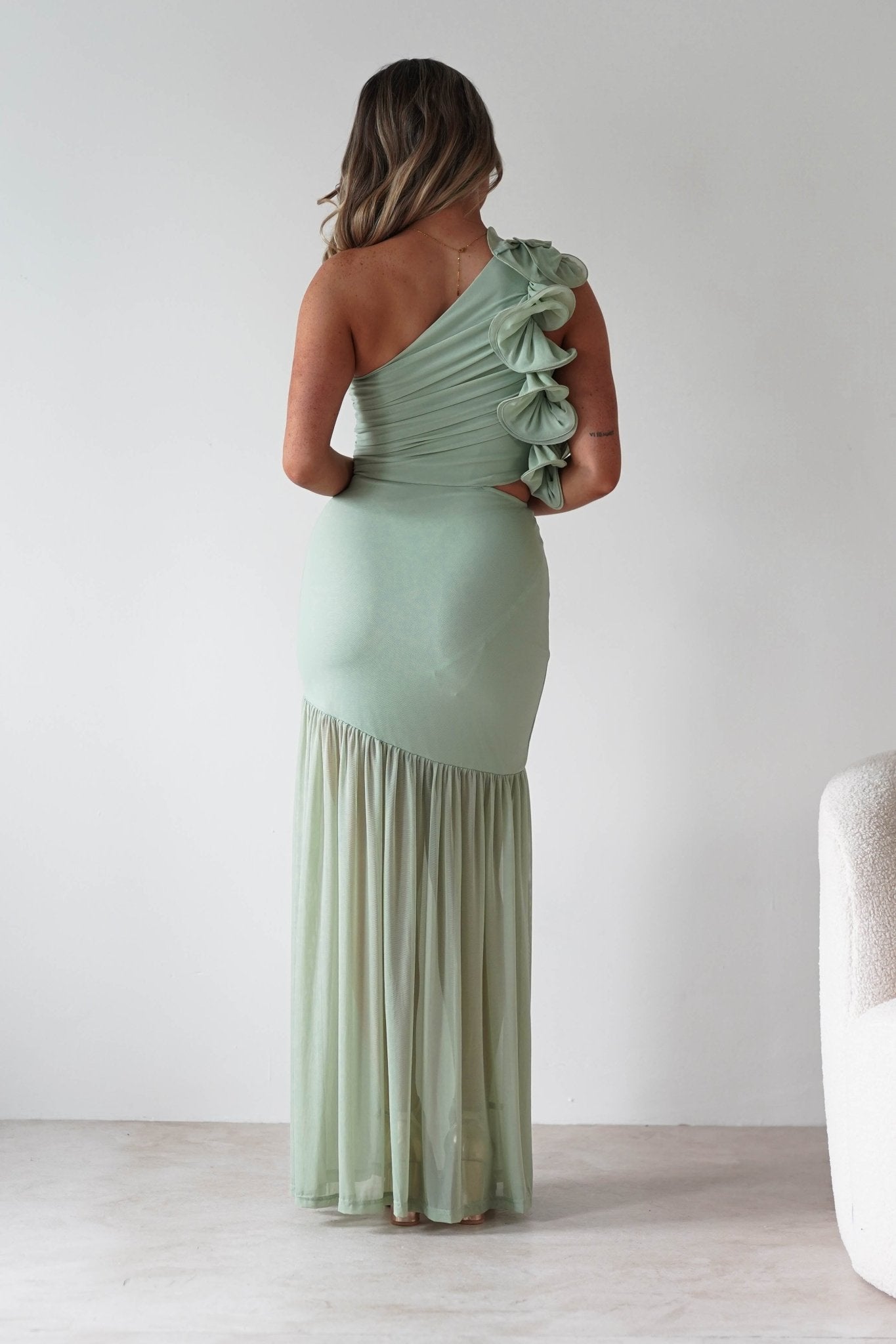 Stephanie Mesh Ruffle Maxi Dress | Sage | Oh Hello Clothing | XS (6)