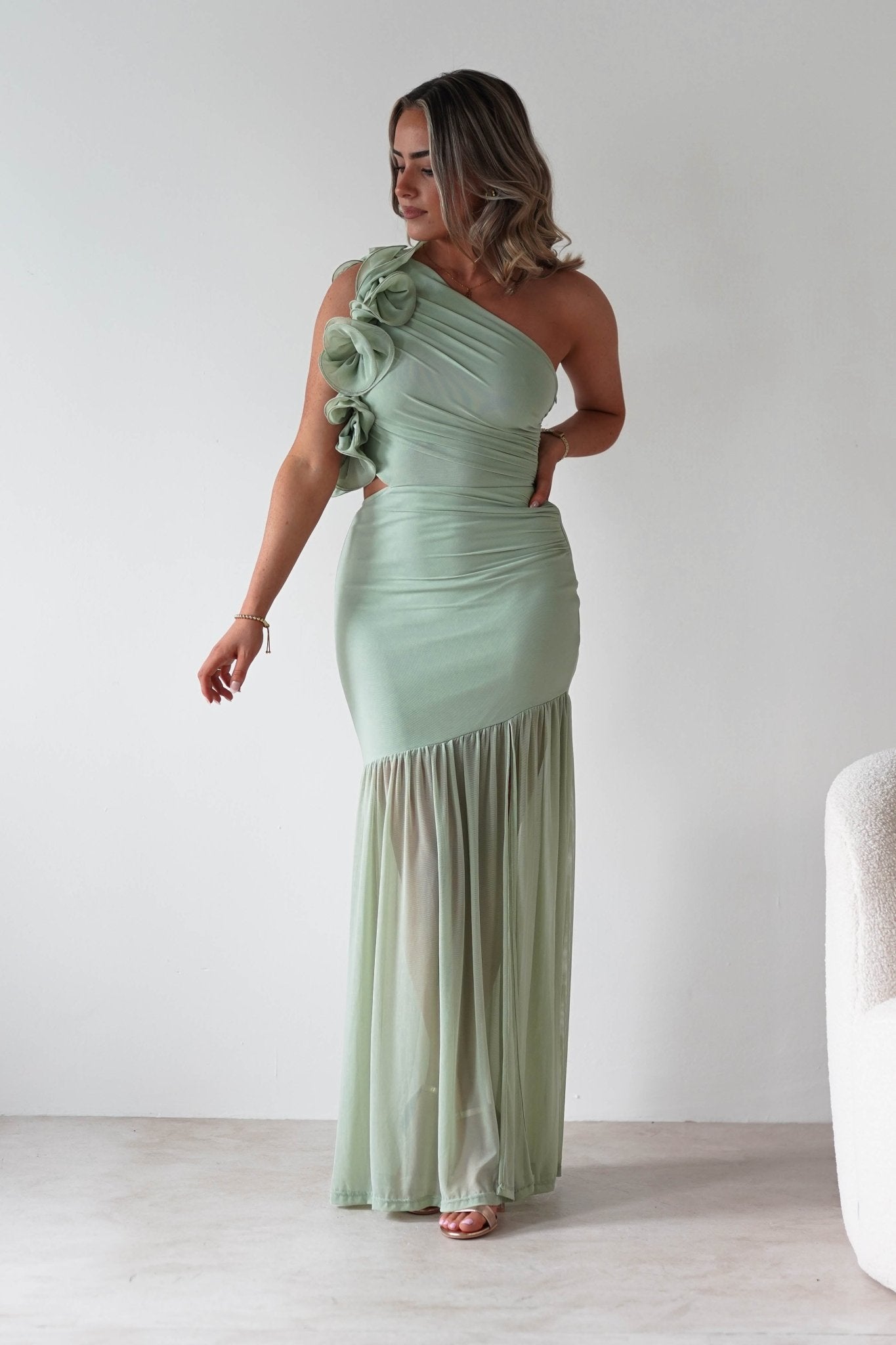 Stephanie Mesh Ruffle Maxi Dress | Sage | Oh Hello Clothing | XS (6)
