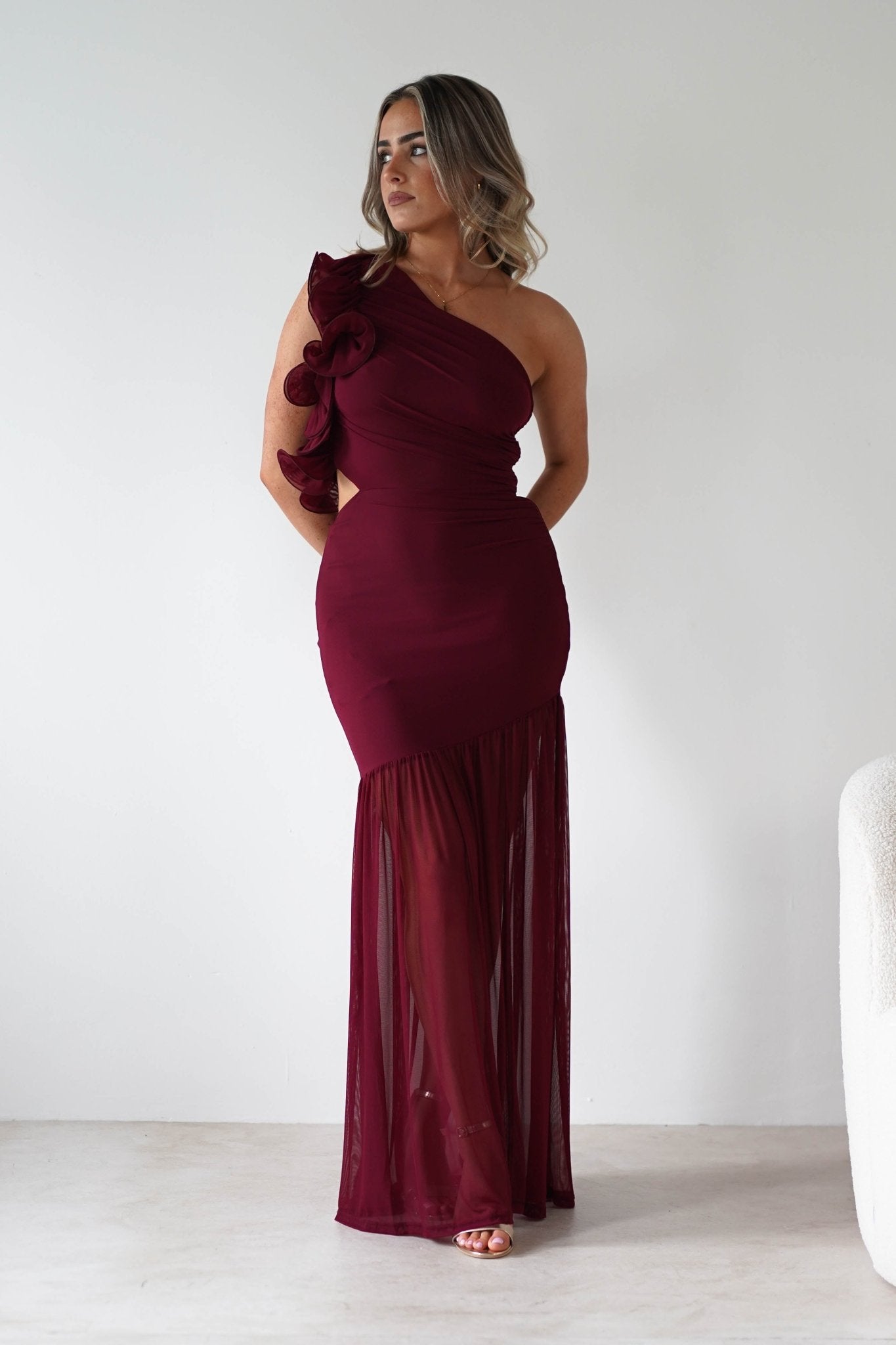 Stephanie Mesh Ruffle Maxi Dress | Wine | Oh Hello Clothing | XS (6)