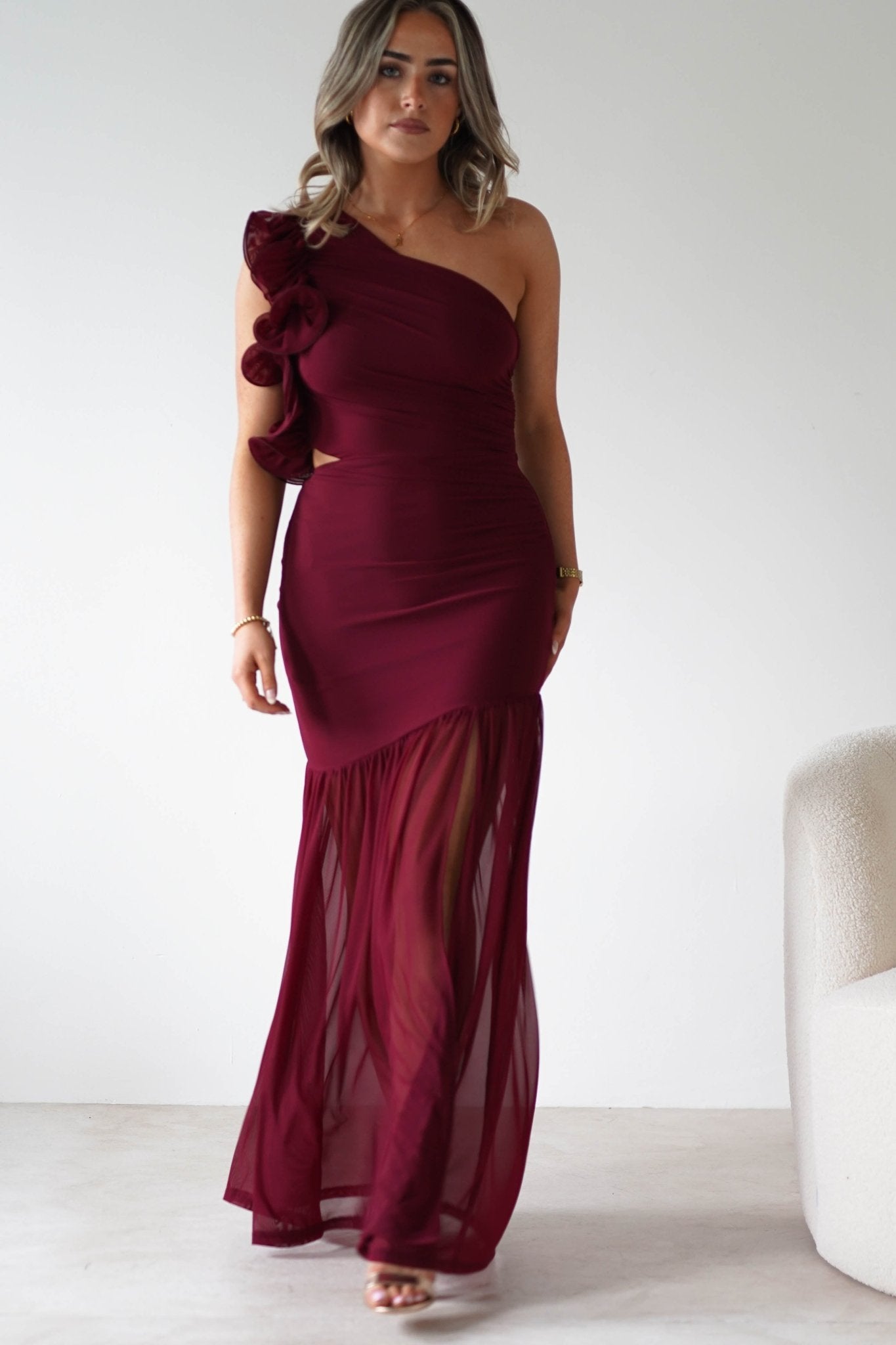 Stephanie Mesh Ruffle Maxi Dress | Wine | Oh Hello Clothing | XS (6)