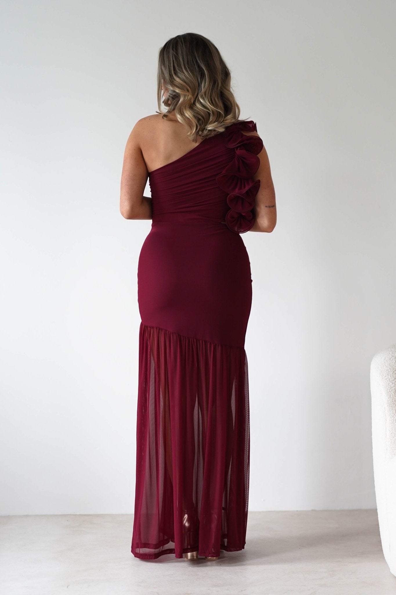 Stephanie Mesh Ruffle Maxi Dress | Wine | Oh Hello Clothing | XS (6)