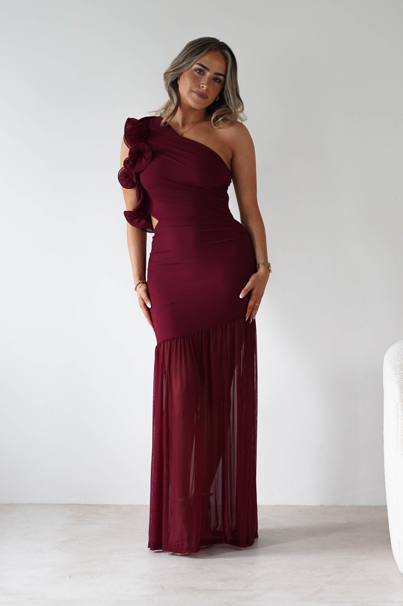 Stephanie Mesh Ruffle Maxi Dress | Wine | Oh Hello Clothing | XS (6)